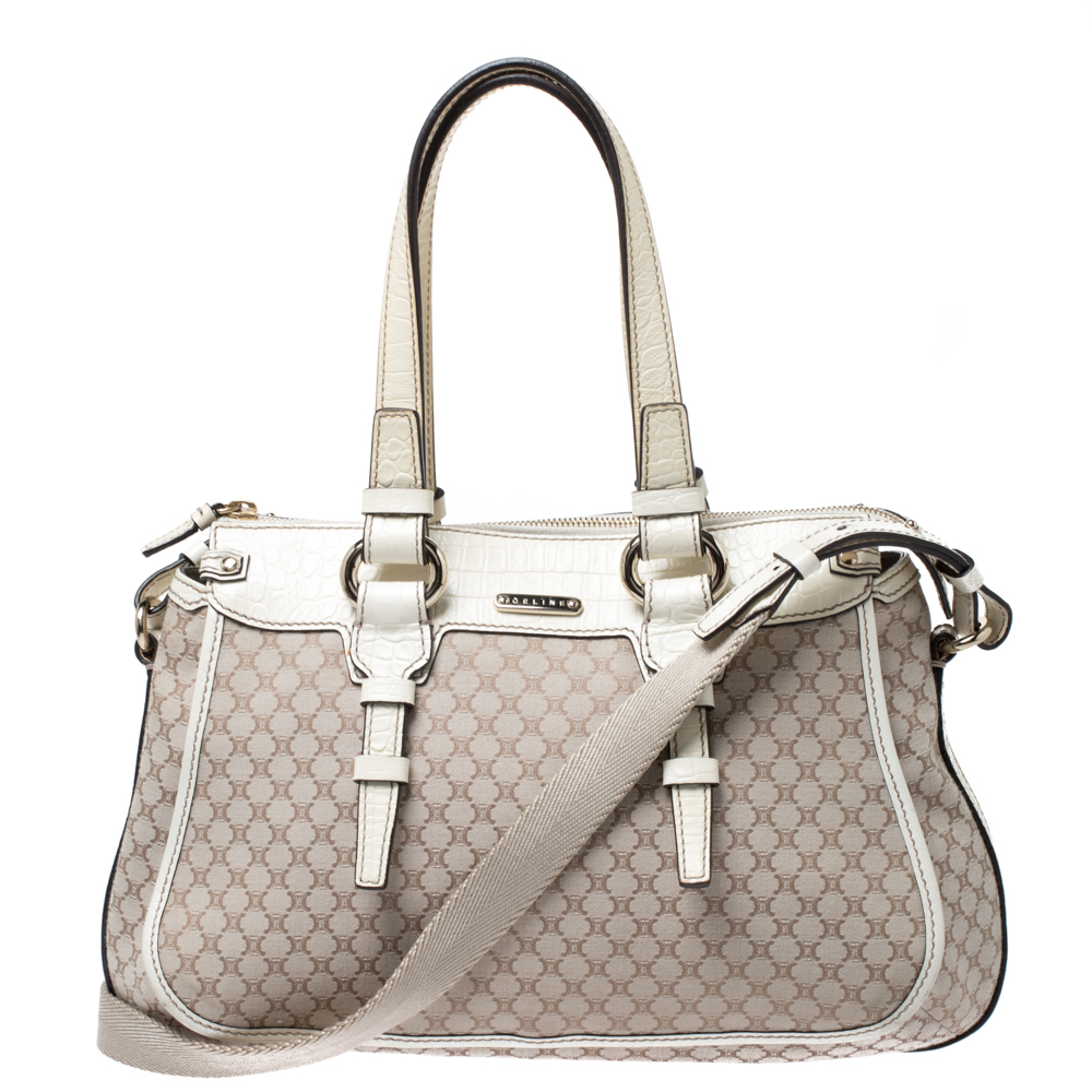 Pre-owned Celine White/beige Macadam Canvas And Croc Embossed Leather Shoulder Bag