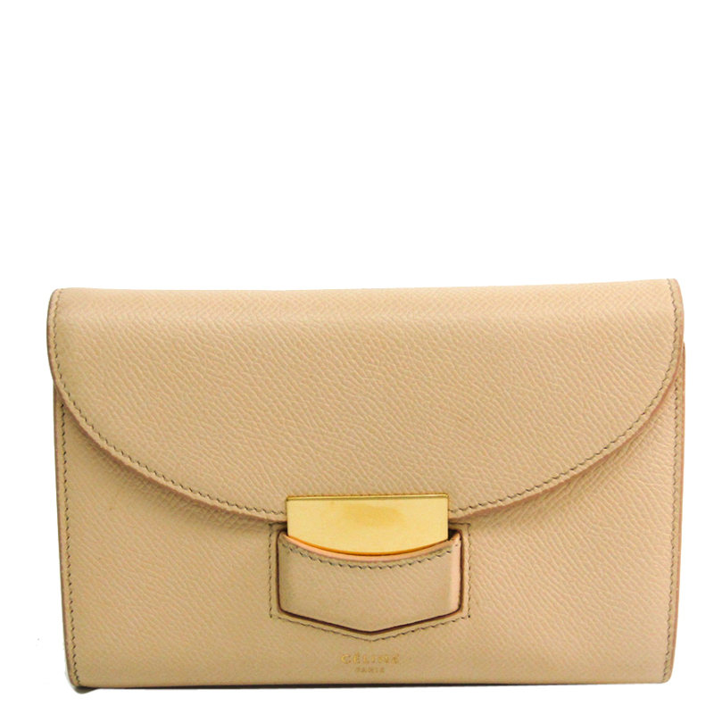 Pre Owned Celine Beige Leather Trotter Medium Bifold Wallet
