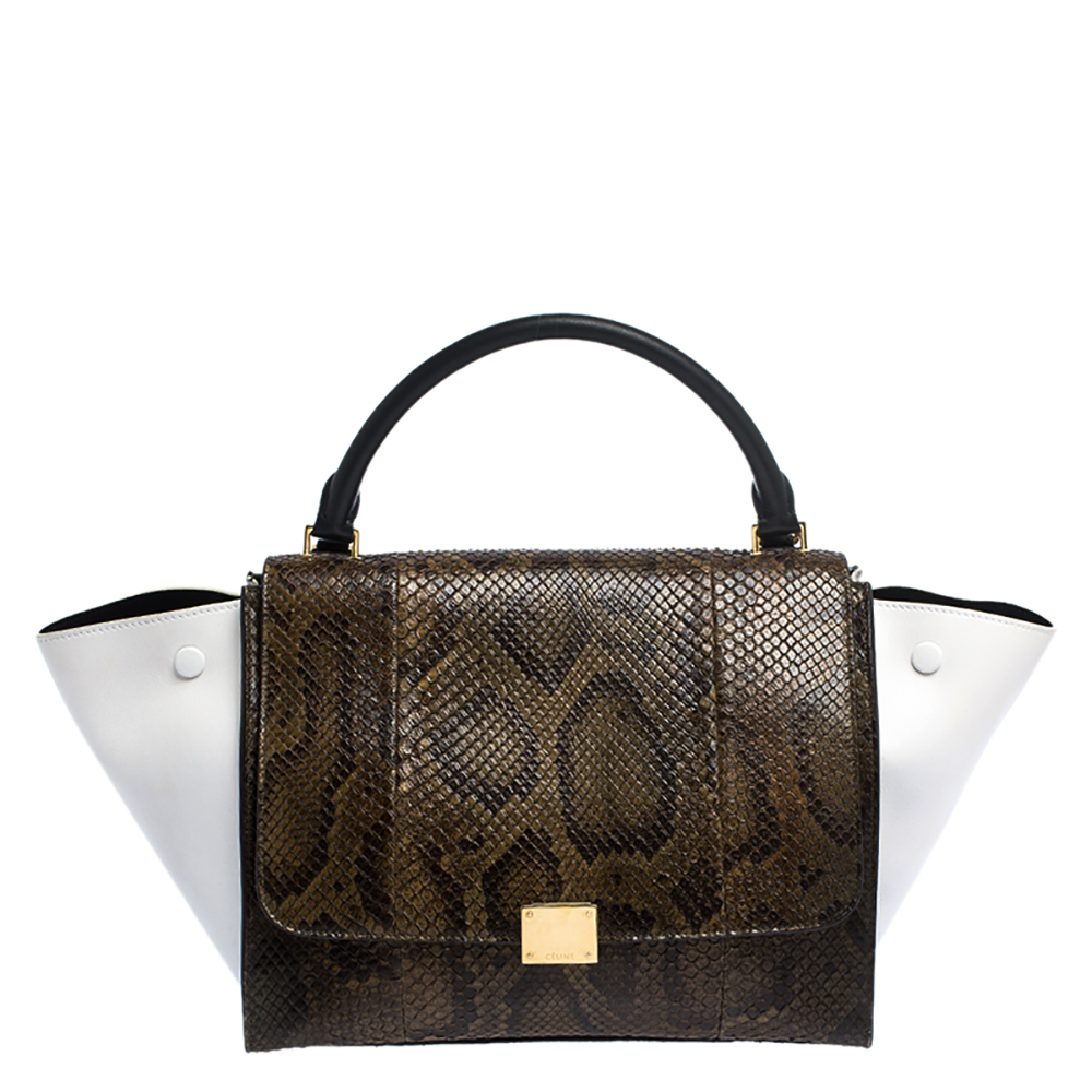 مملوكة مسبقًا حقيبة يد سيلين ترابيز متوسطة جلد وجلد ثعبان بيج / سوداء 