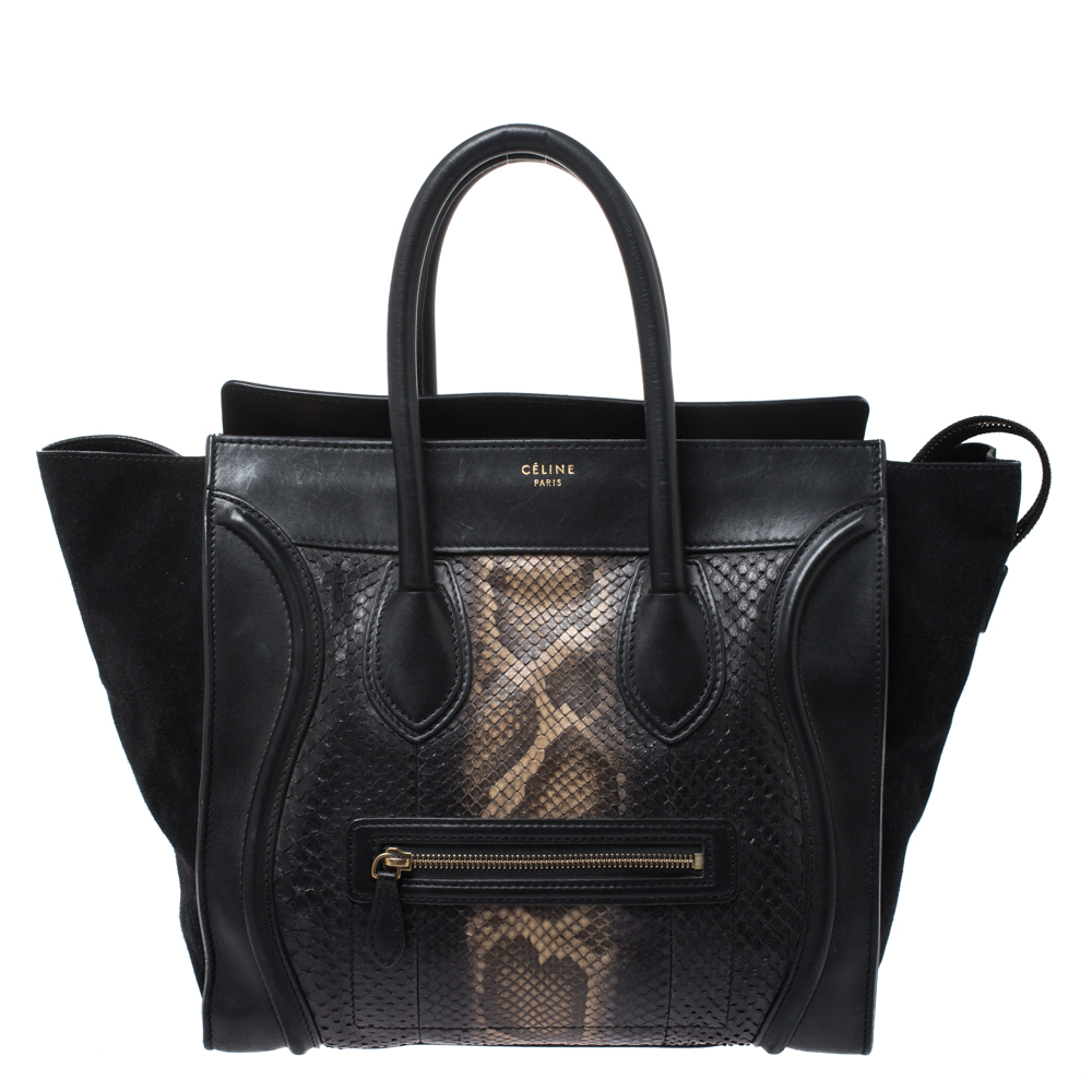 Pre-owned Celine Black Python And Suede Mini Luggage Tote