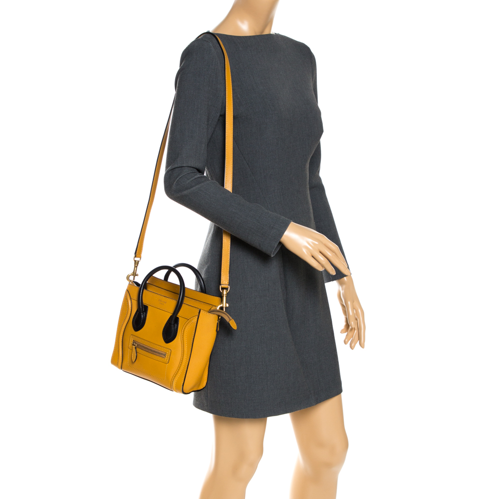 

Celine Mustard/Black Leather Nano Luggage Tote, Yellow