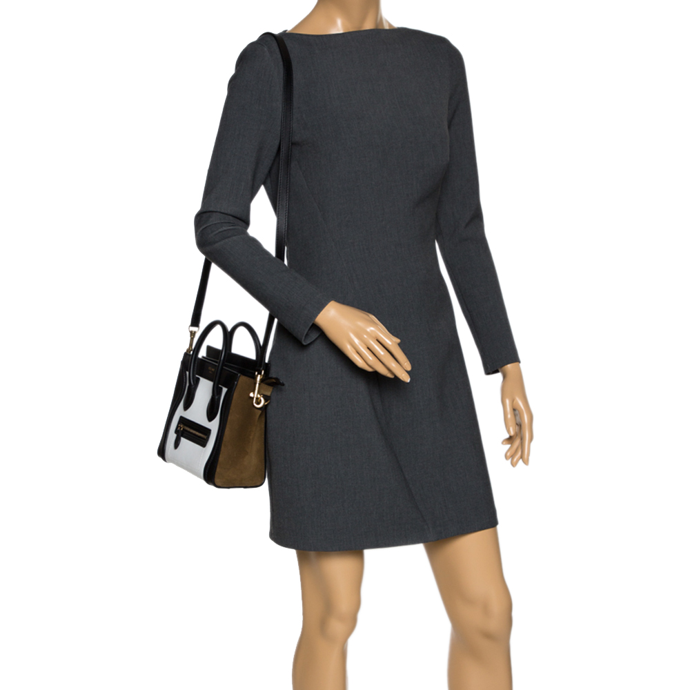 

Celine Tri Color Leather and Suede Nano Luggage Tote, Black