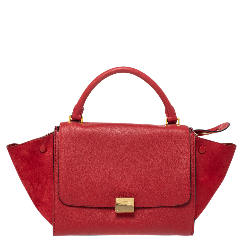 Celine Red Leather and Suede Small Trapeze Bag