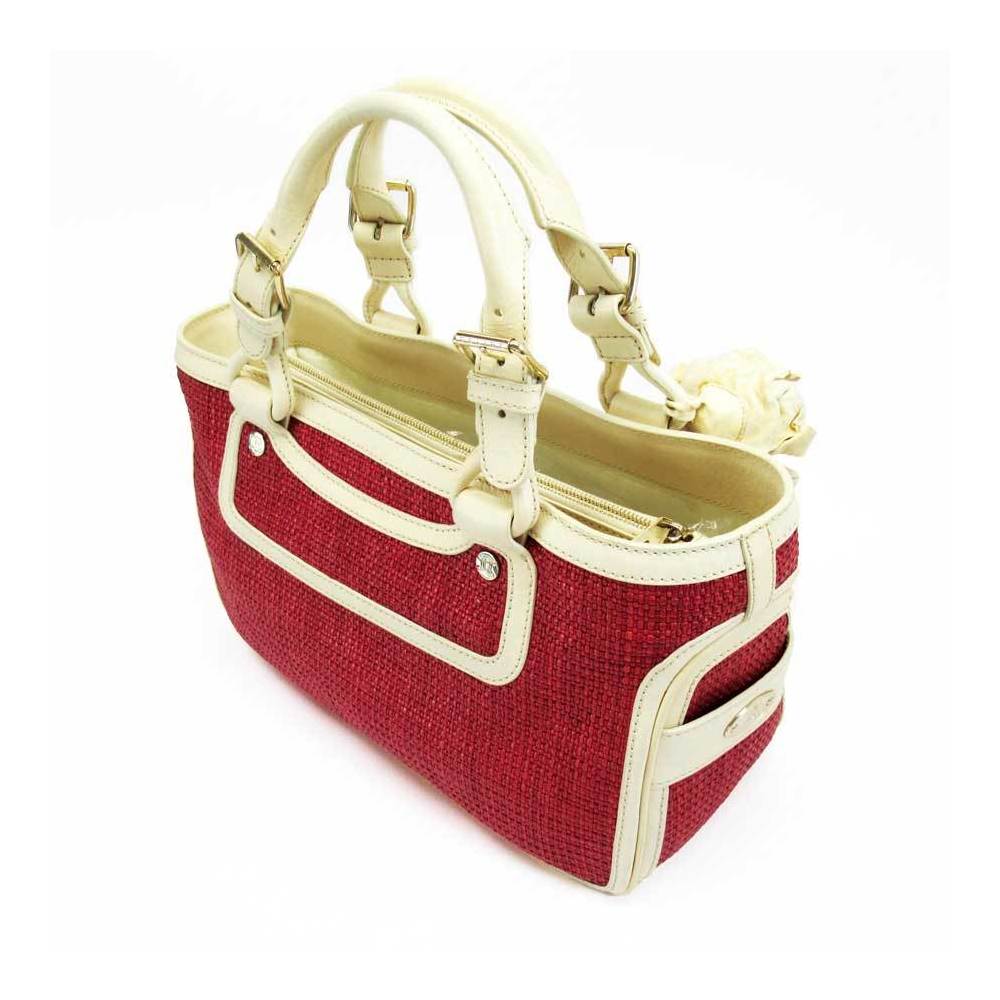 

Celine Red/Ivory Straw Leather Satchel Bag