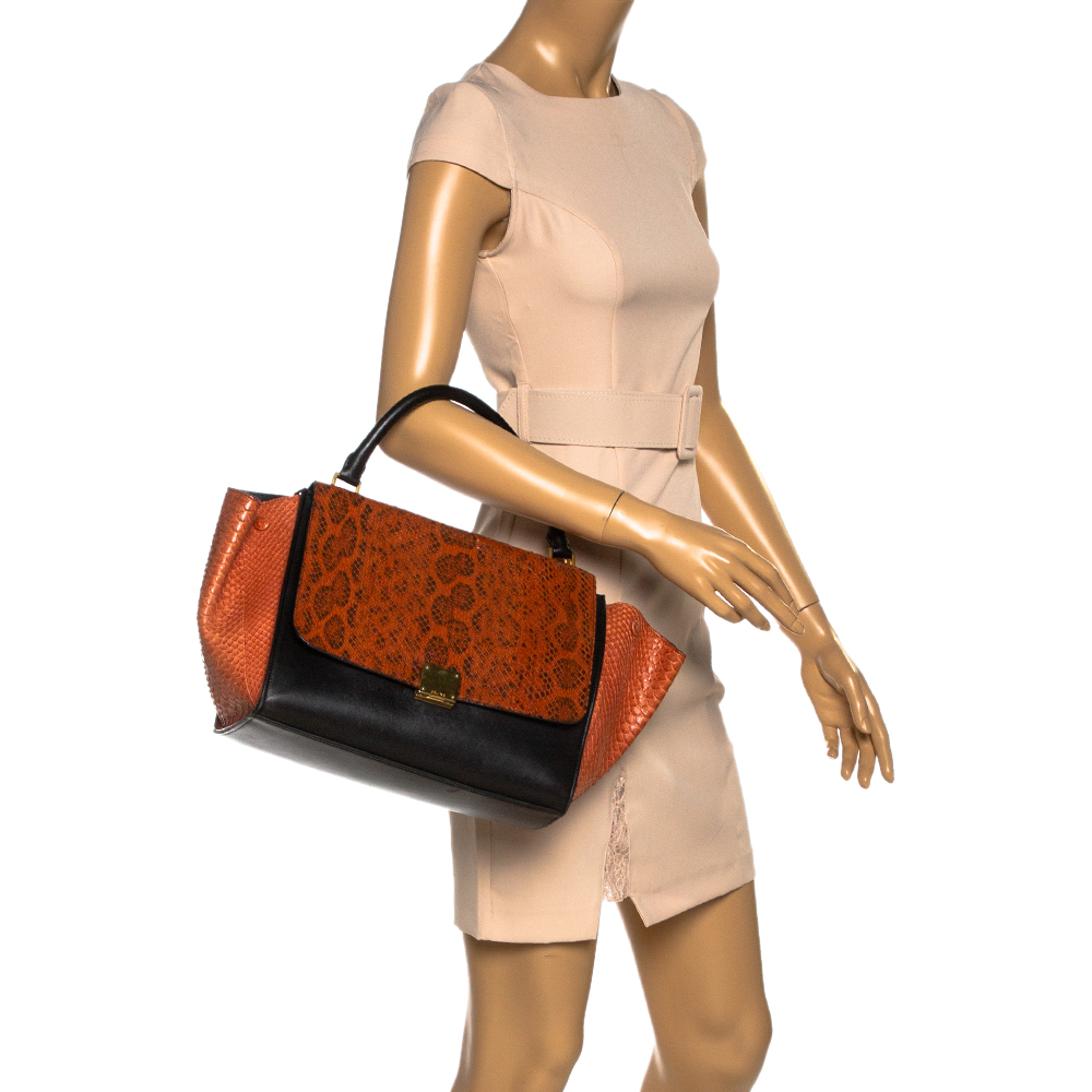 

Celine Black/Orange Leather and Python Medium Trapeze Top Handle Bag