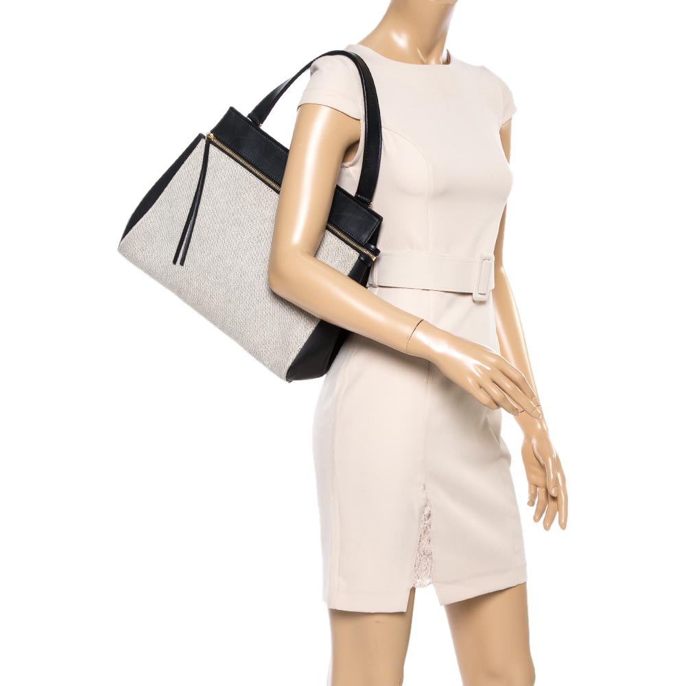 

Celine Black/Ivory Leather and Canvas Medium Edge Top Handle Bag