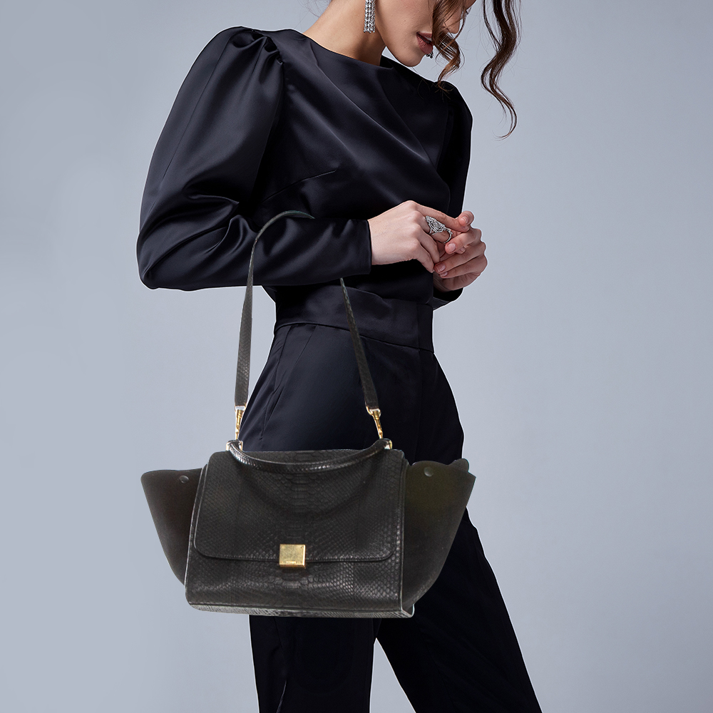 

Celine Black Python and Suede Medium Trapeze Top Handle Bag