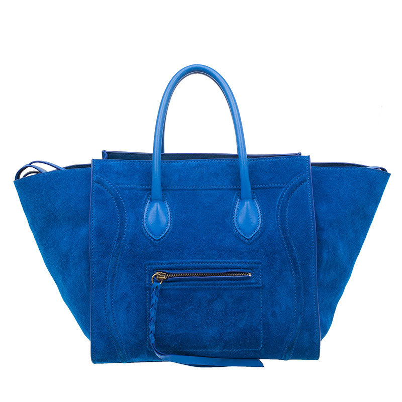 Pre Owned Celine Bright Blue Rust Suede Leather Small Phantom Luggage Tote