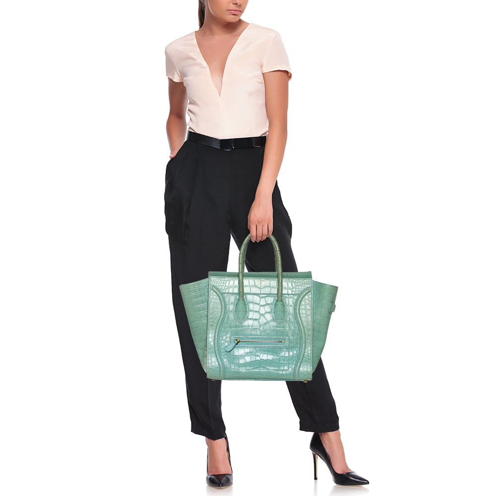

Céline Aqua Green Crocodile Mini Luggage Tote