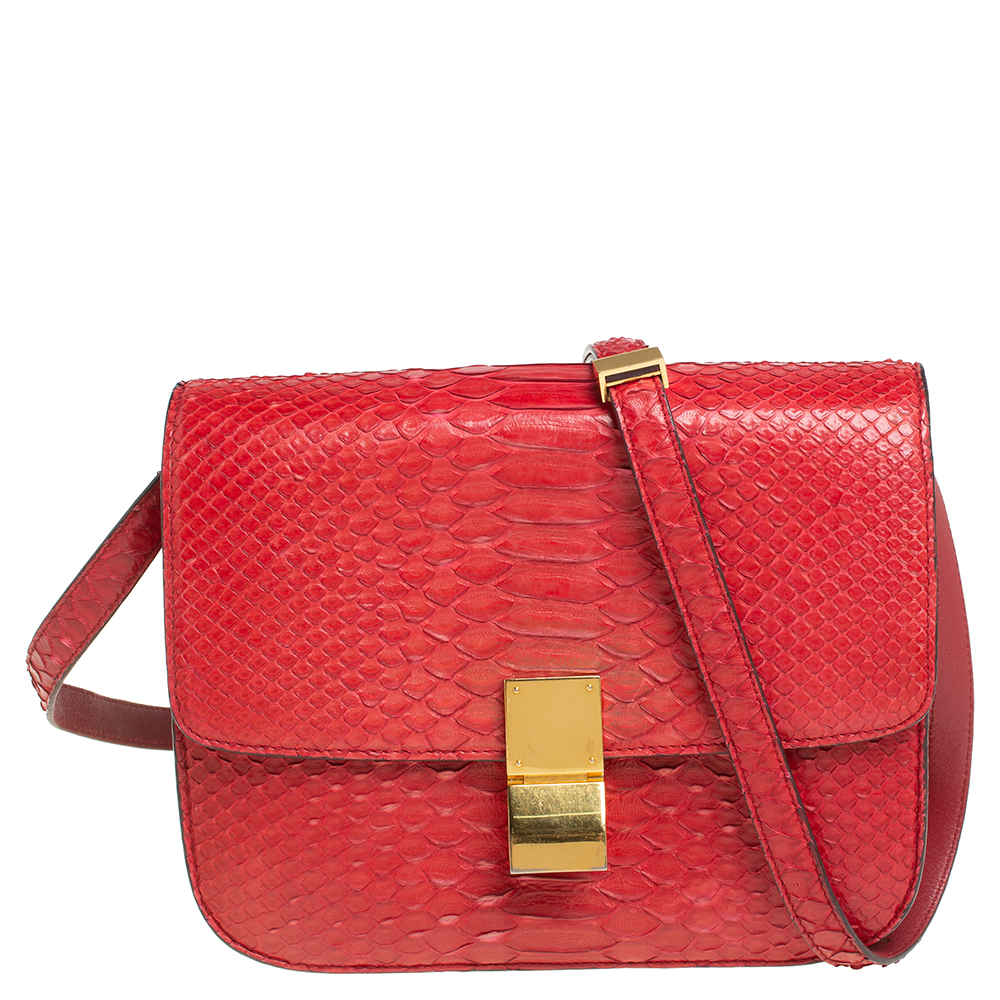 Pre-owned Celine Red Python Medium Classic Box Shoulder Bag