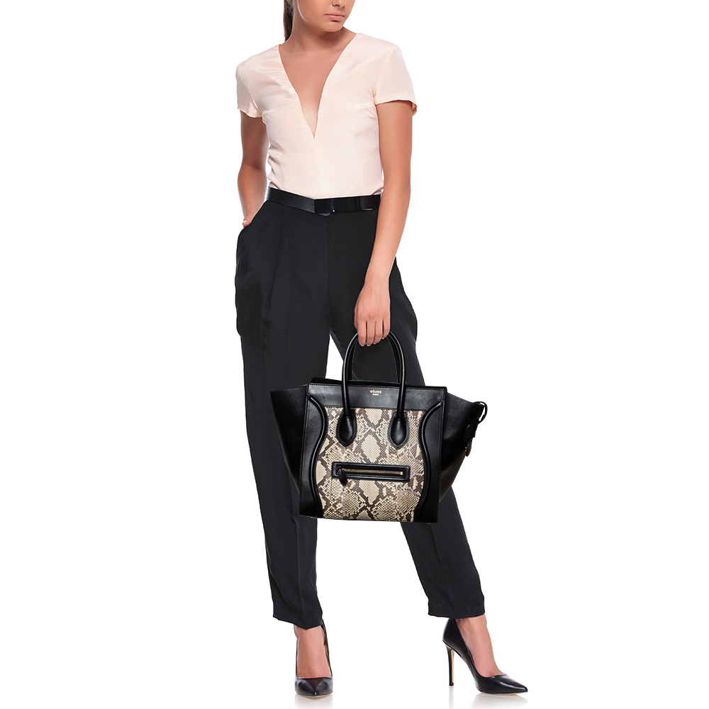 

Celine Black/Beige Python and Leather Mini Luggage Tote