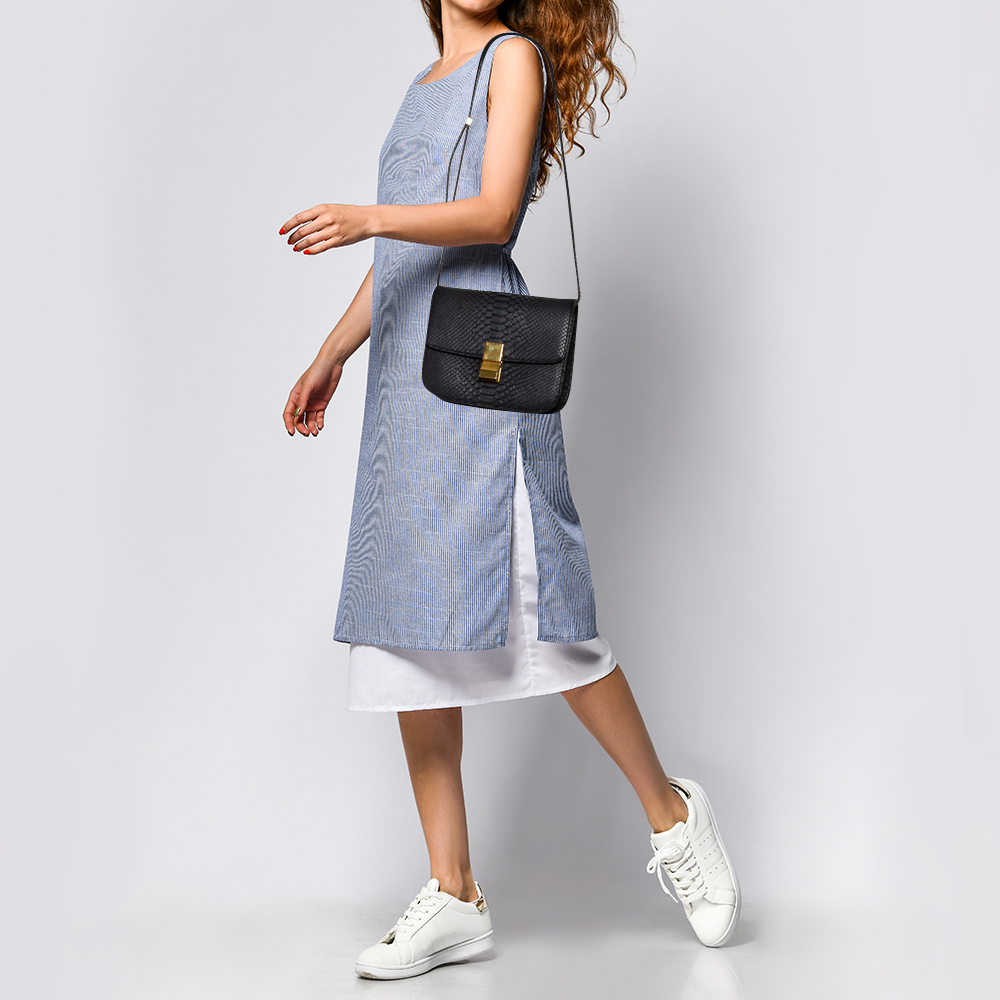 

Celine Ash Black Python Medium Classic Box Shoulder Bag
