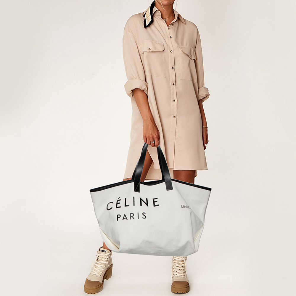 

Celine White/Black Canvas and Leather Horizontal Cabas Tote