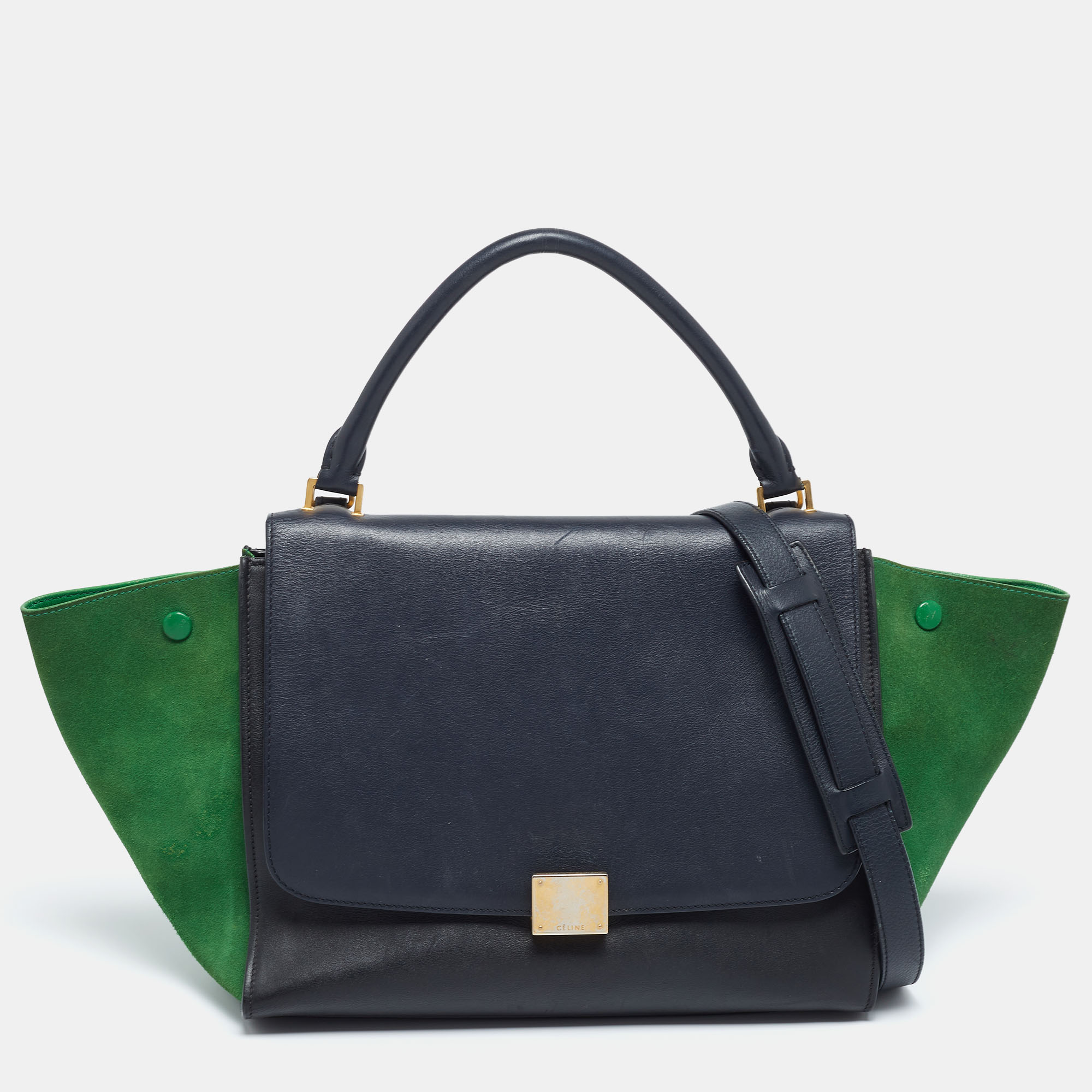 

Celine Navy Blue/Green Leather and Suede Medium Trapeze Top Handle Bag
