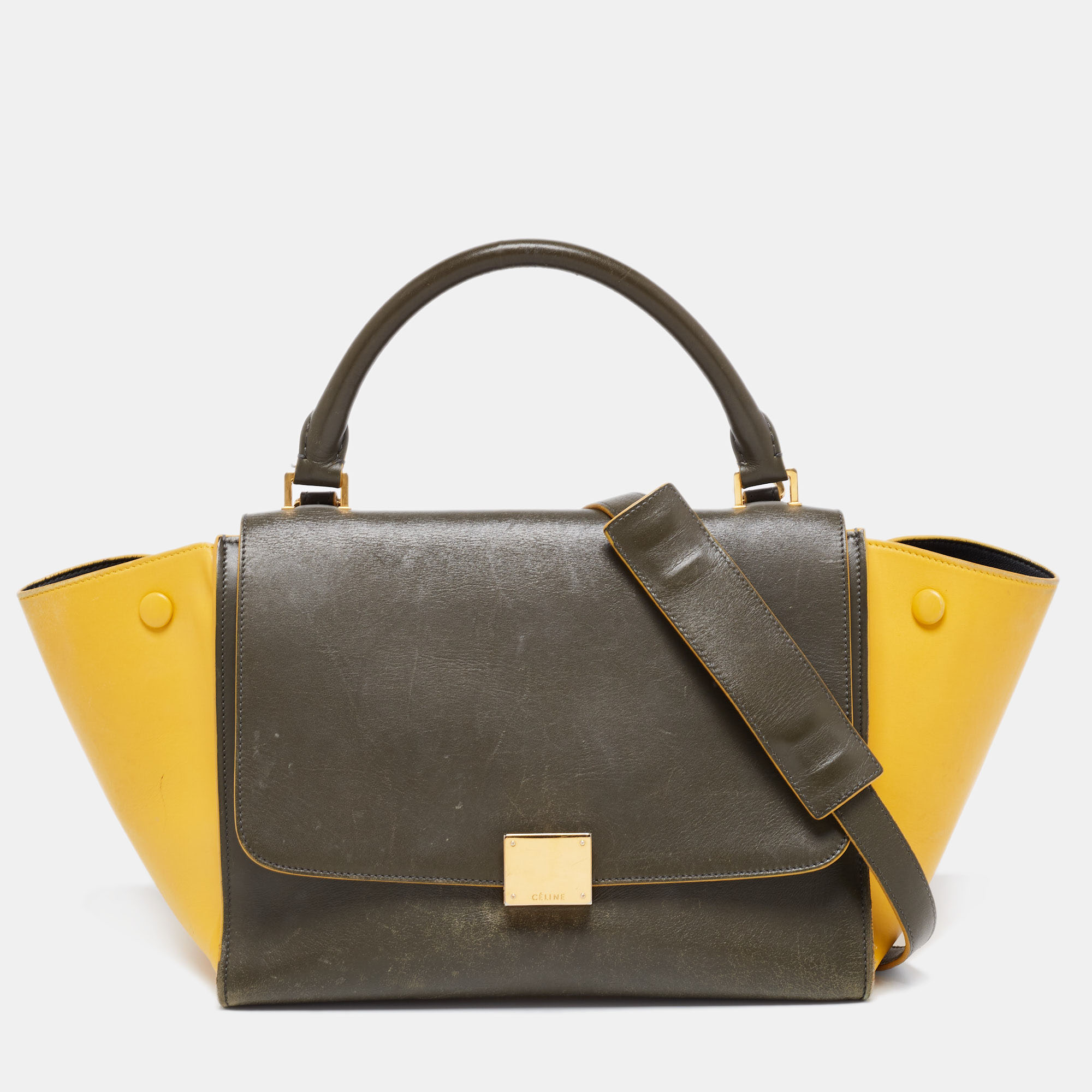 Pre-owned Celine Olive Green/yellow Leather Small Trapeze Bag