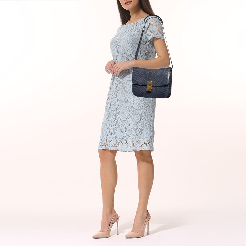 

Celine Navy Blue Python Medium Classic Box Shoulder Bag