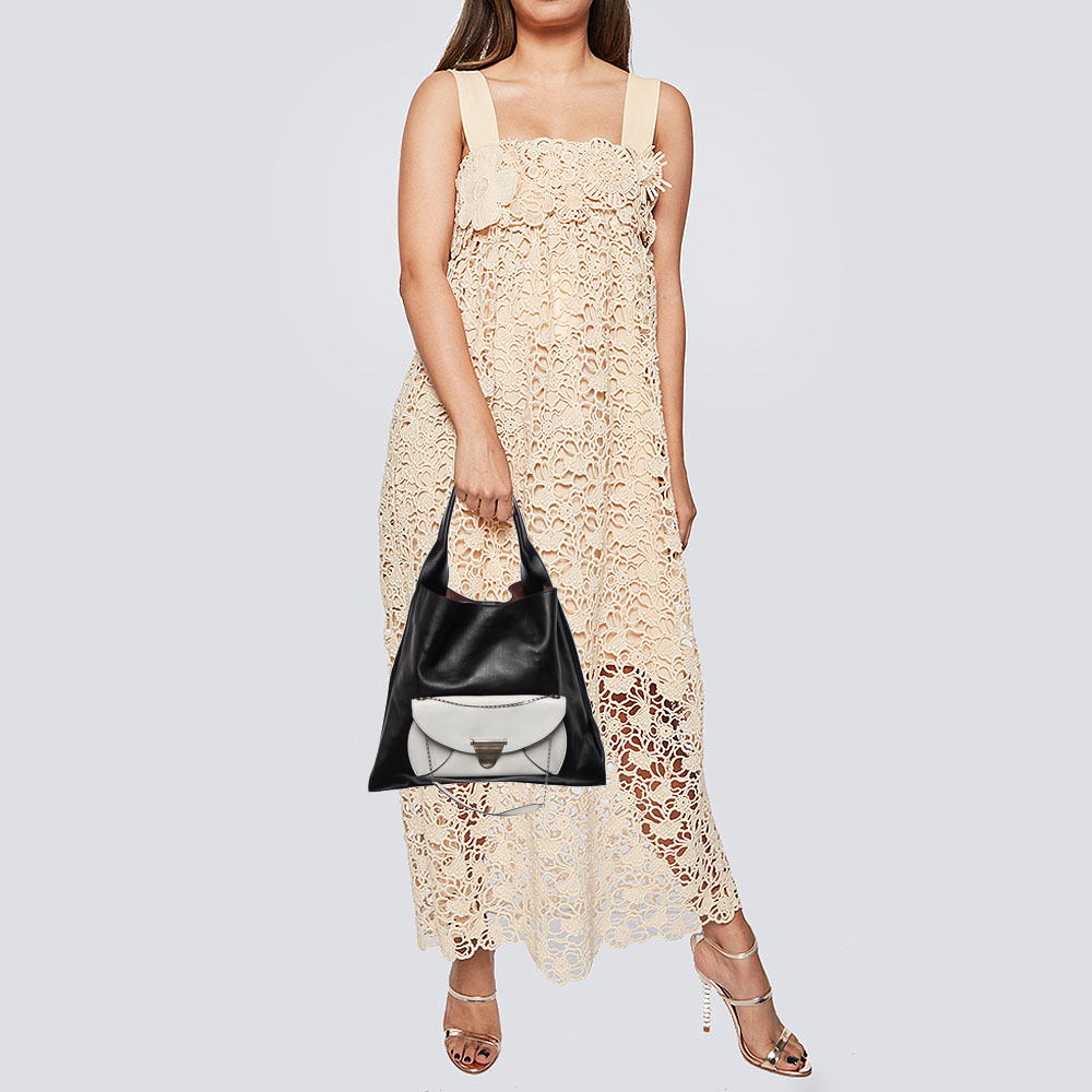 Celine Black/White Leather Front Pocket Medium Shopper Shoulder Bag  - buy with discount