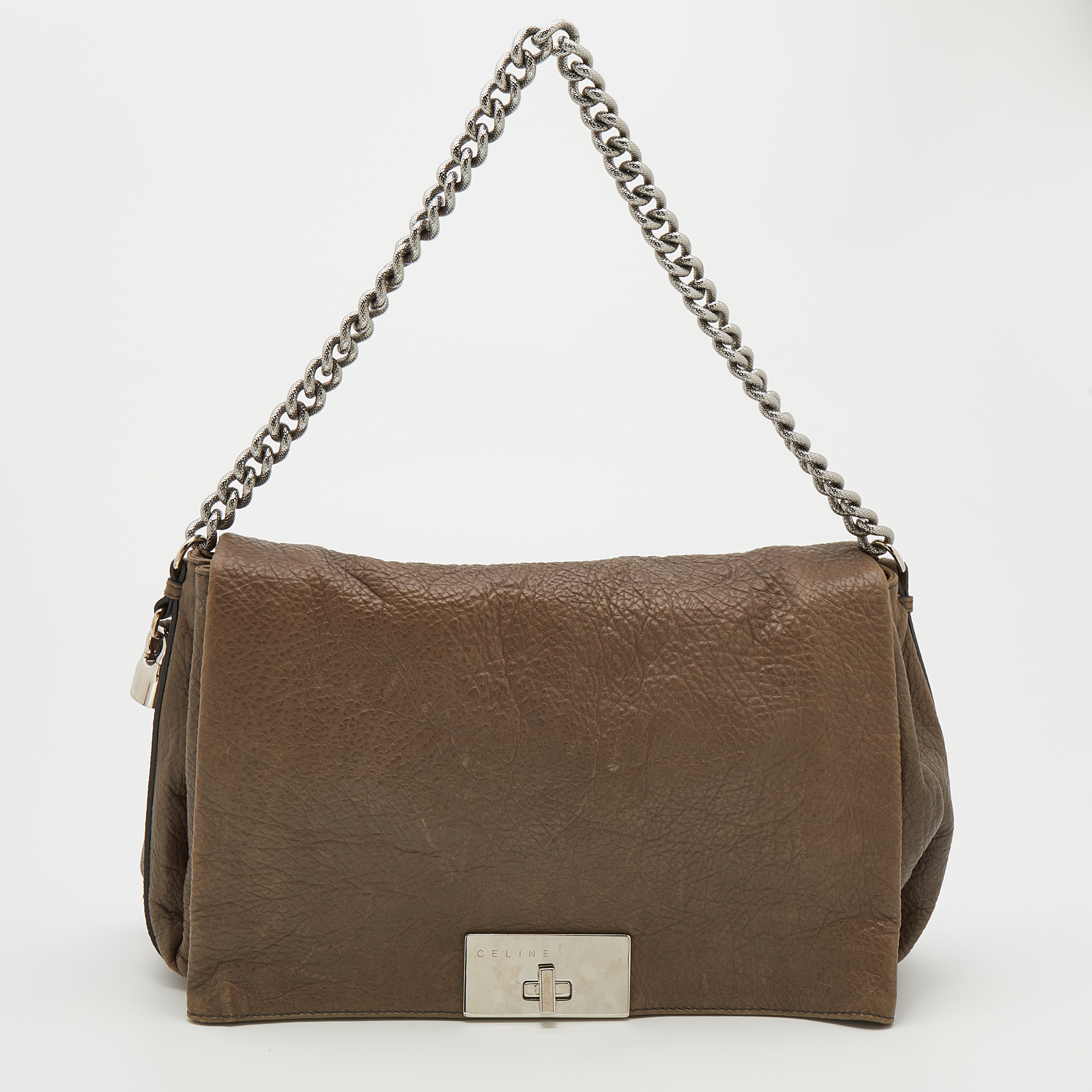 Pre-owned Celine Dark Beige Pebbled Leather Turnlock Flap Chain Shoulder Bag
