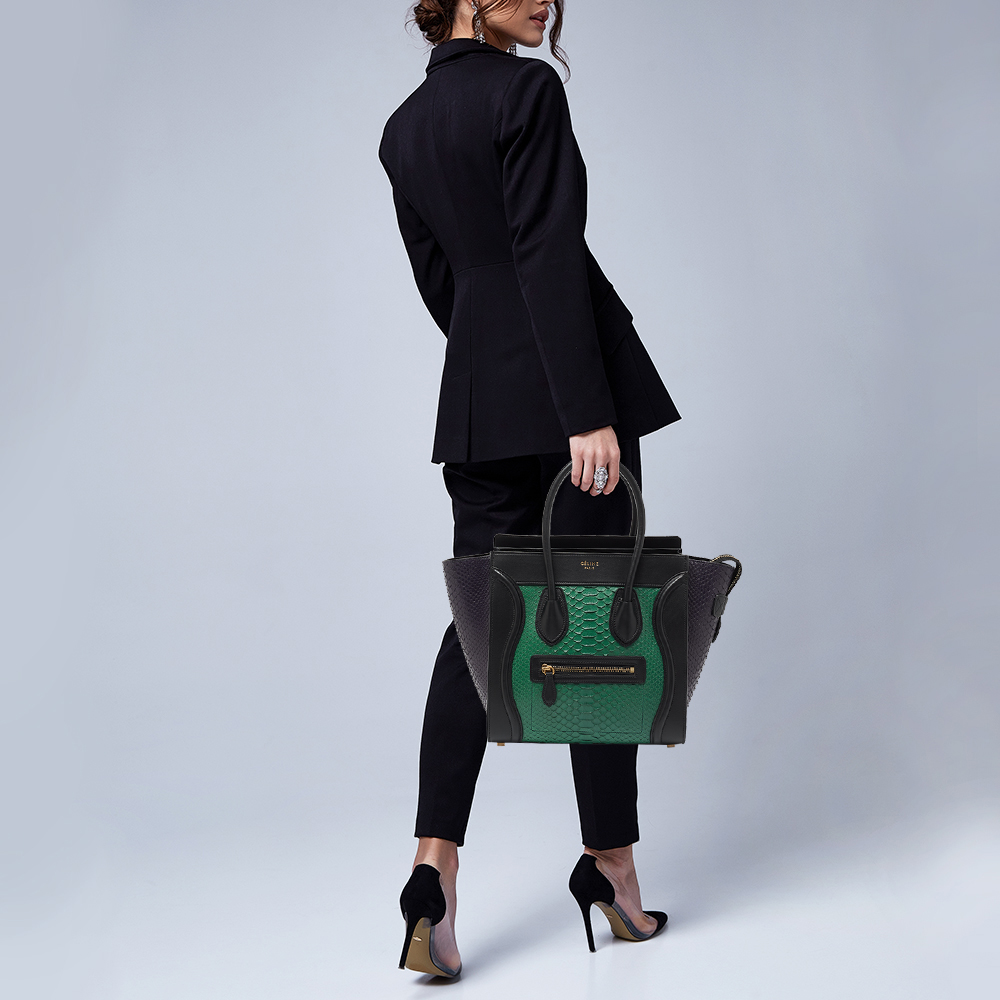 

Celine Tricolor Python And Leather Micro Luggage Tote, Black