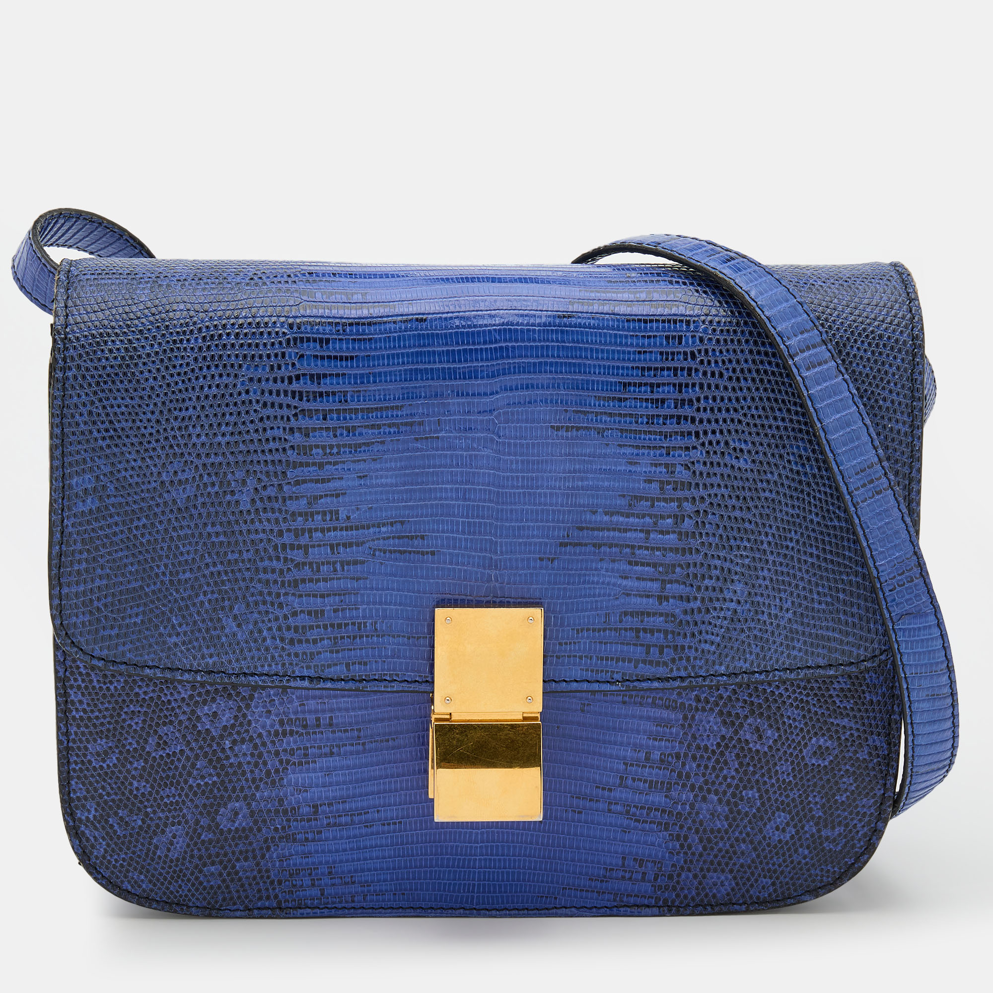 Pre-owned Celine Blue Lizard And Leather Medium Classic Box Shoulder Bag