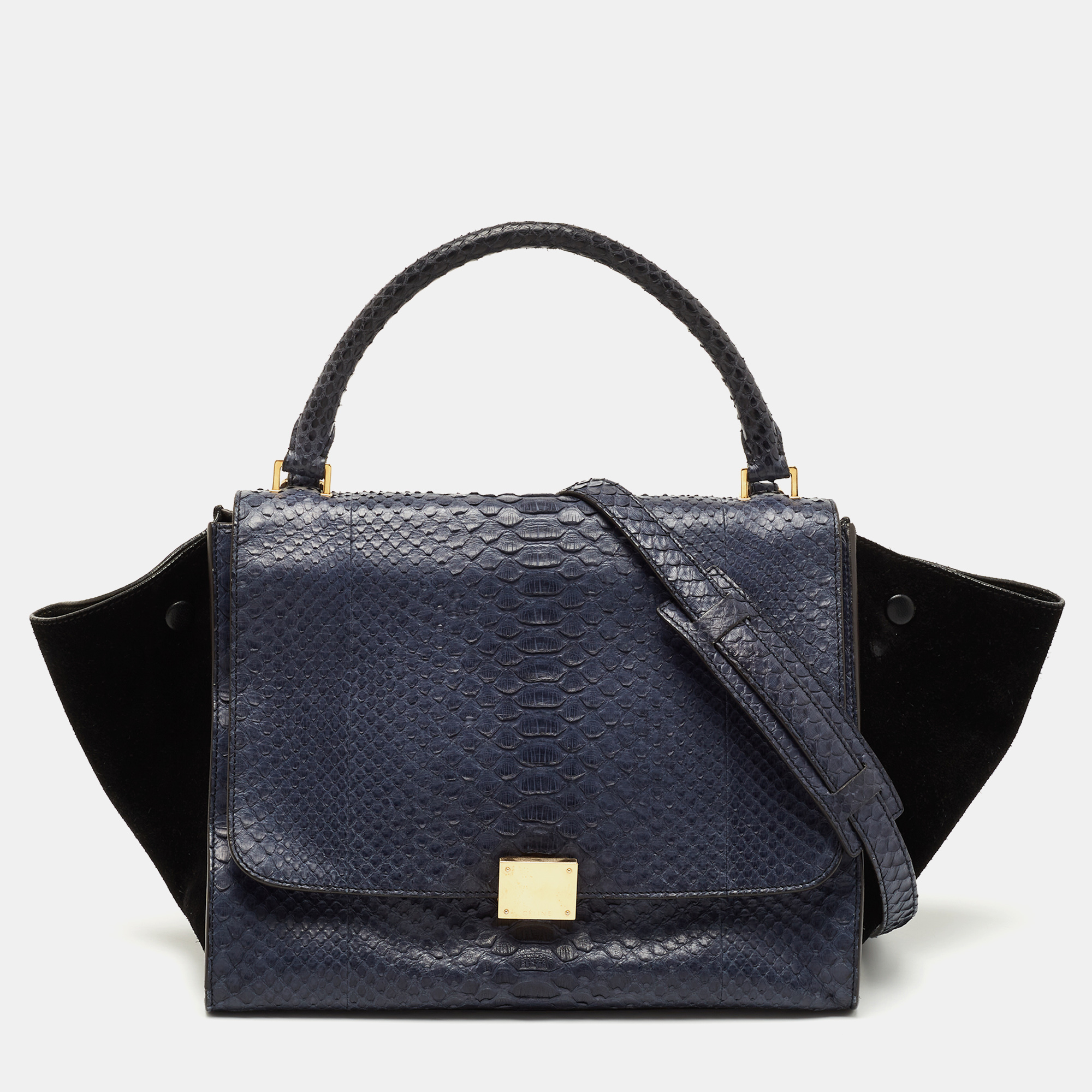 Pre-owned Celine Blue/black Python And Suede Medium Trapeze Tote