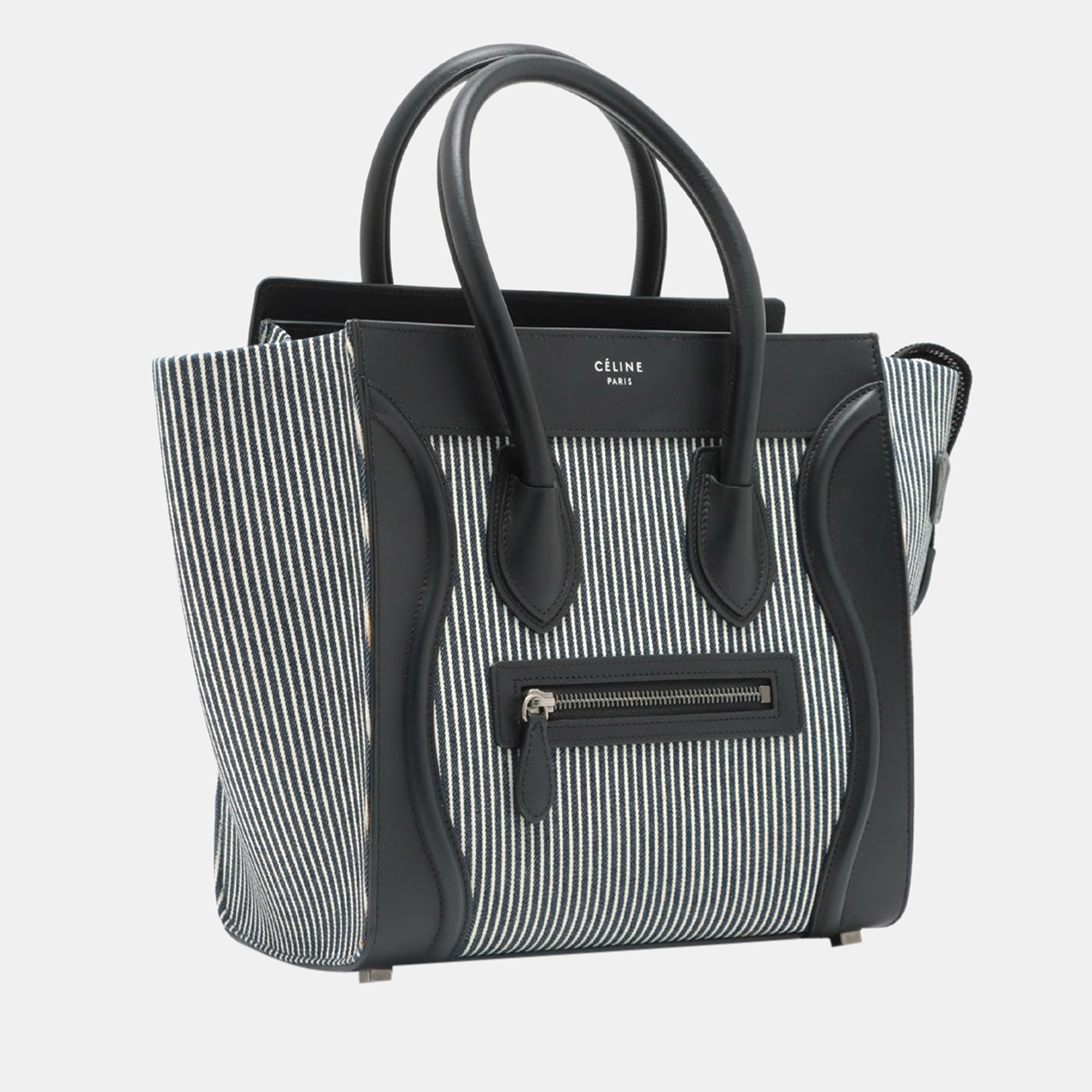 

CELINE Luggage Micro Shopper Canvas & leather Hand bag White x navy, Navy blue