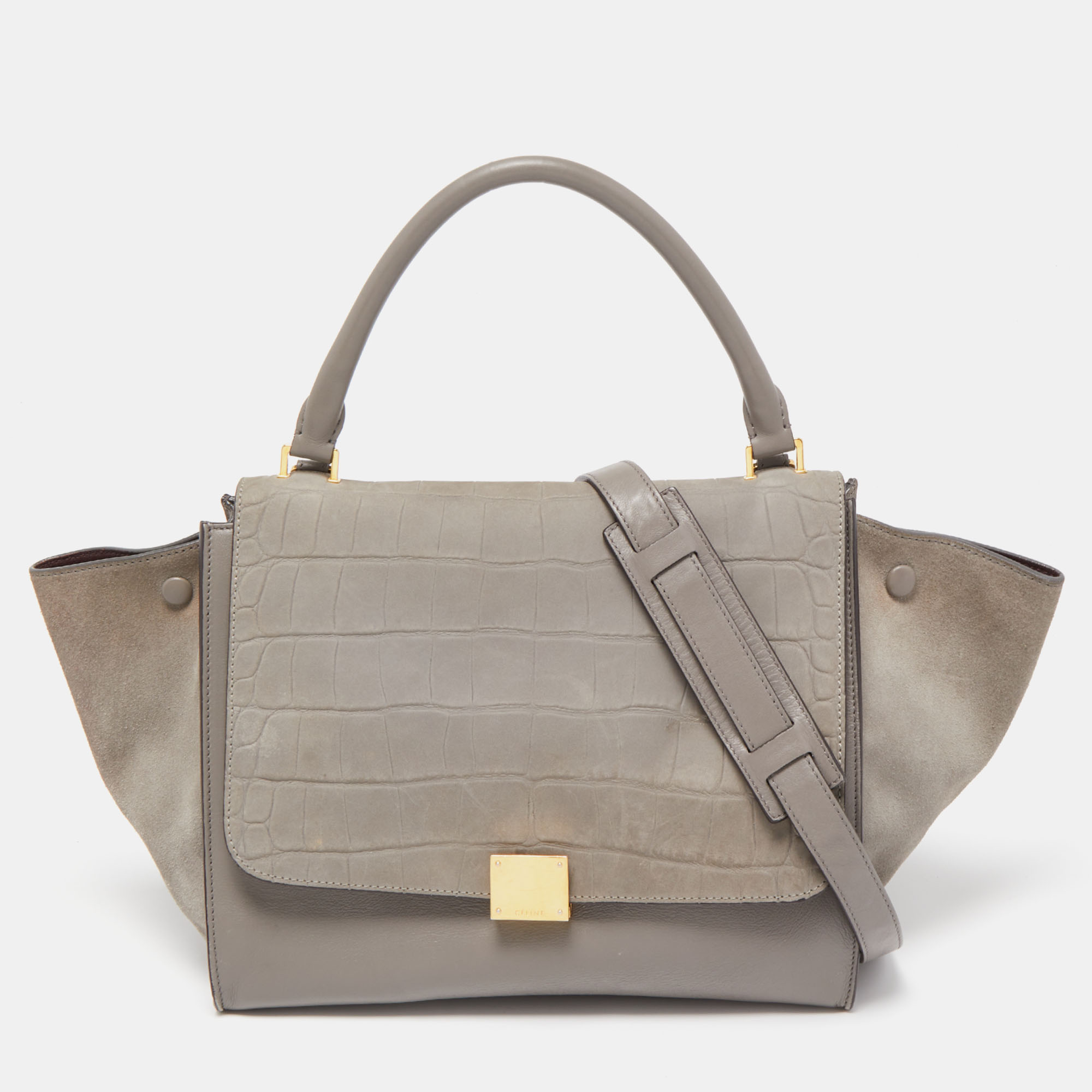 

Celine Two Tone Grey Croc Embossed Leather and Suede  Trapeze Top Handle Bag