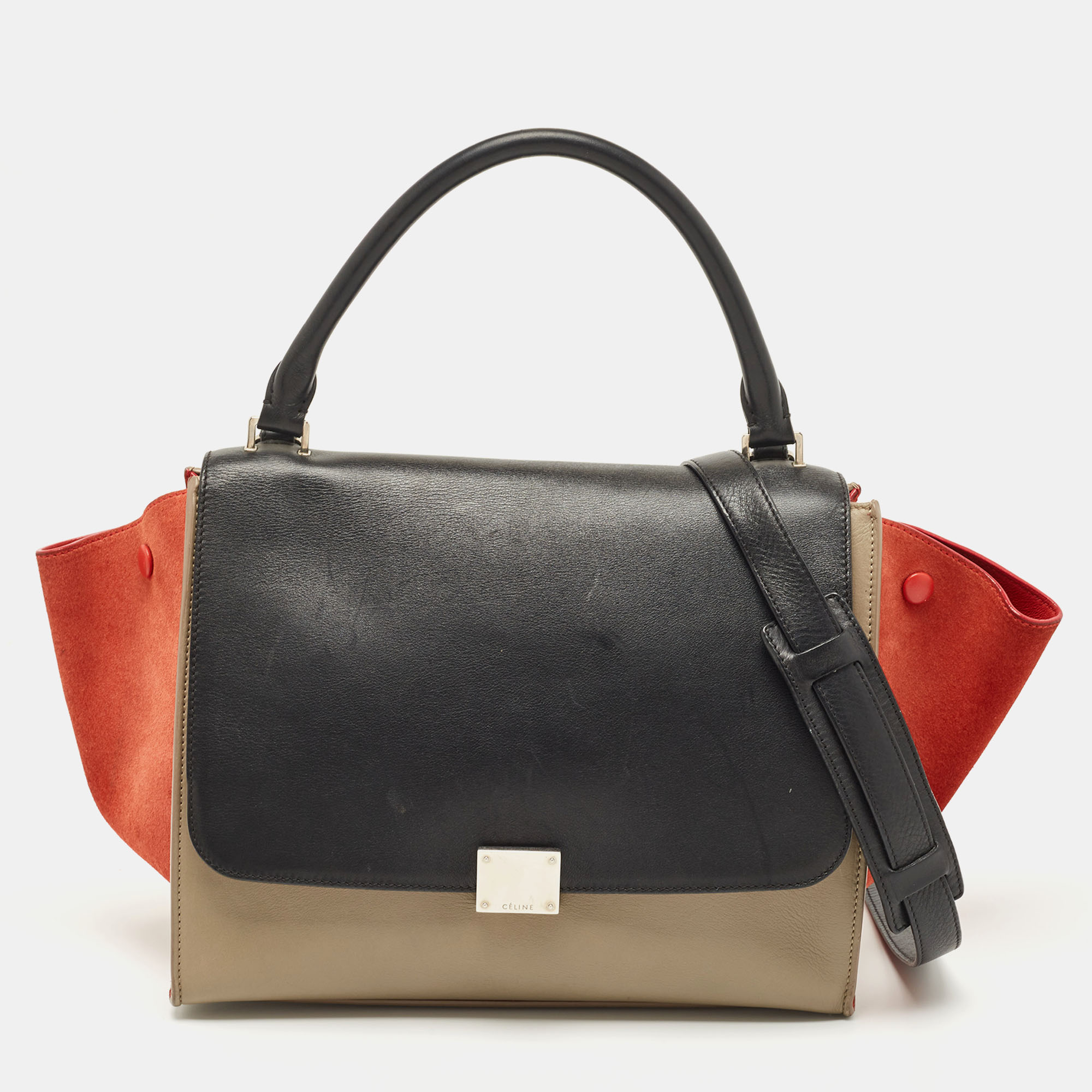 Pre-owned Celine Tri Colour Leather And Suede Medium Trapeze Bag In Multicolor
