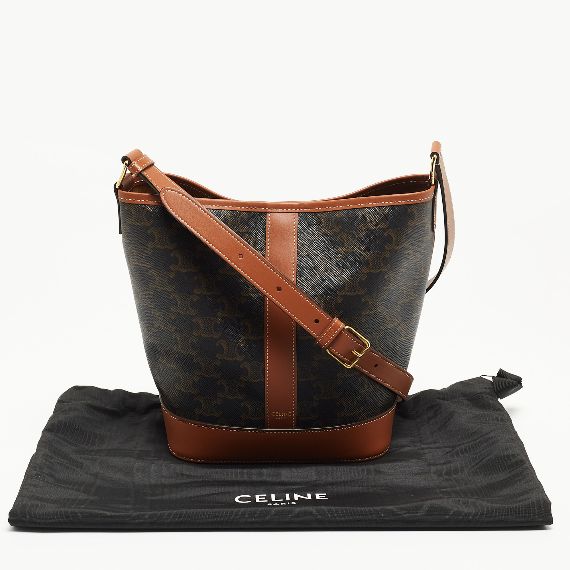 Céline Brown Triomphe Small Canvas & Leather Bucket Bag