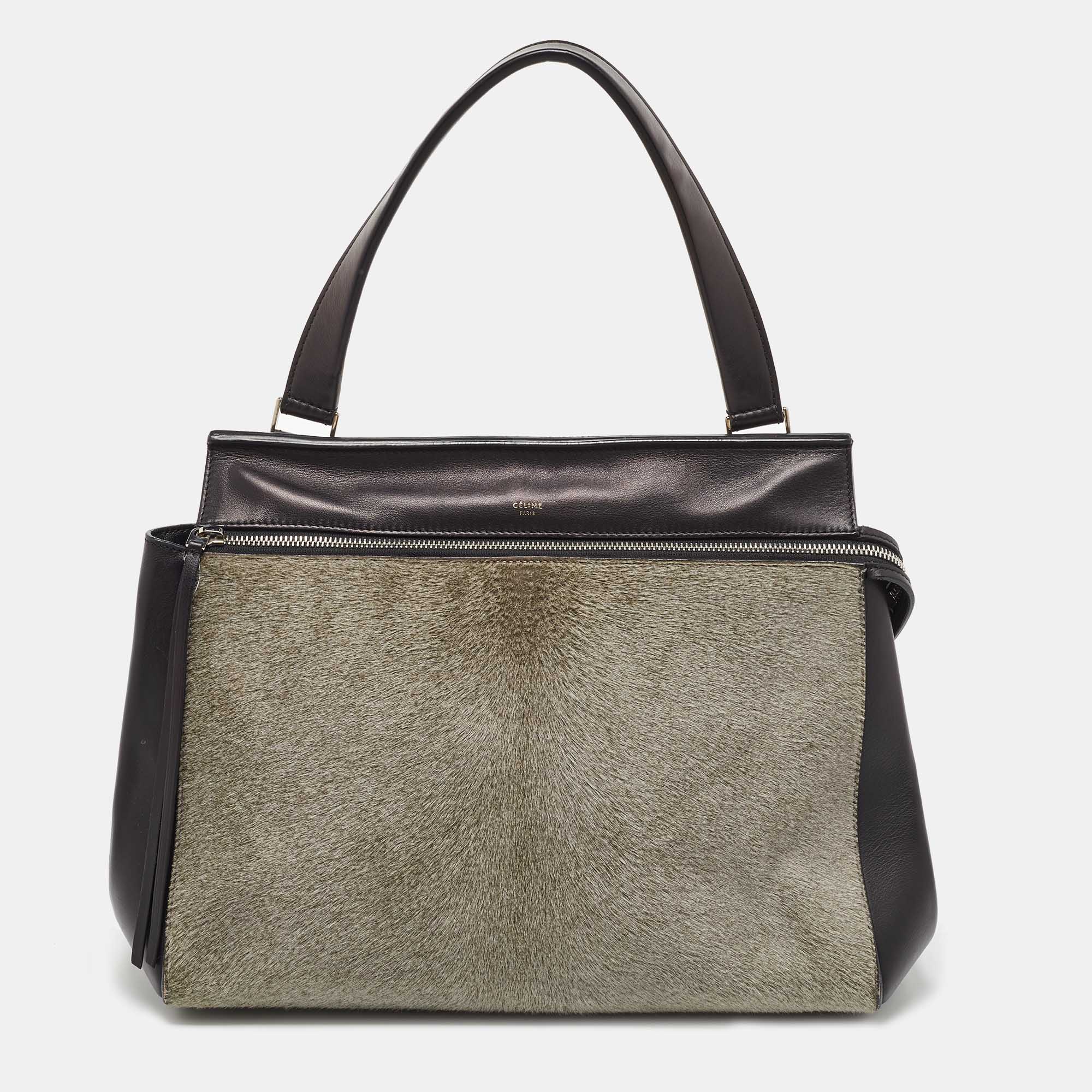 Pre-owned Celine Black/grey Leather And Calf Hair Medium Edge Top Handle Bag