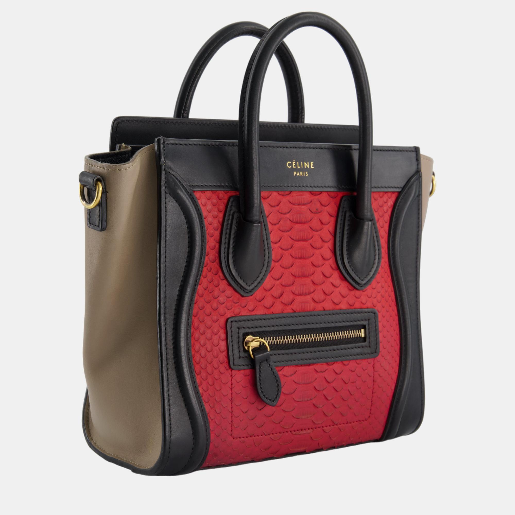 

Celine Red, Black and Taupe Mini Luggage Hand Bag in Smooth Calfskin Leather and Python with Gold Hardware, Multicolor
