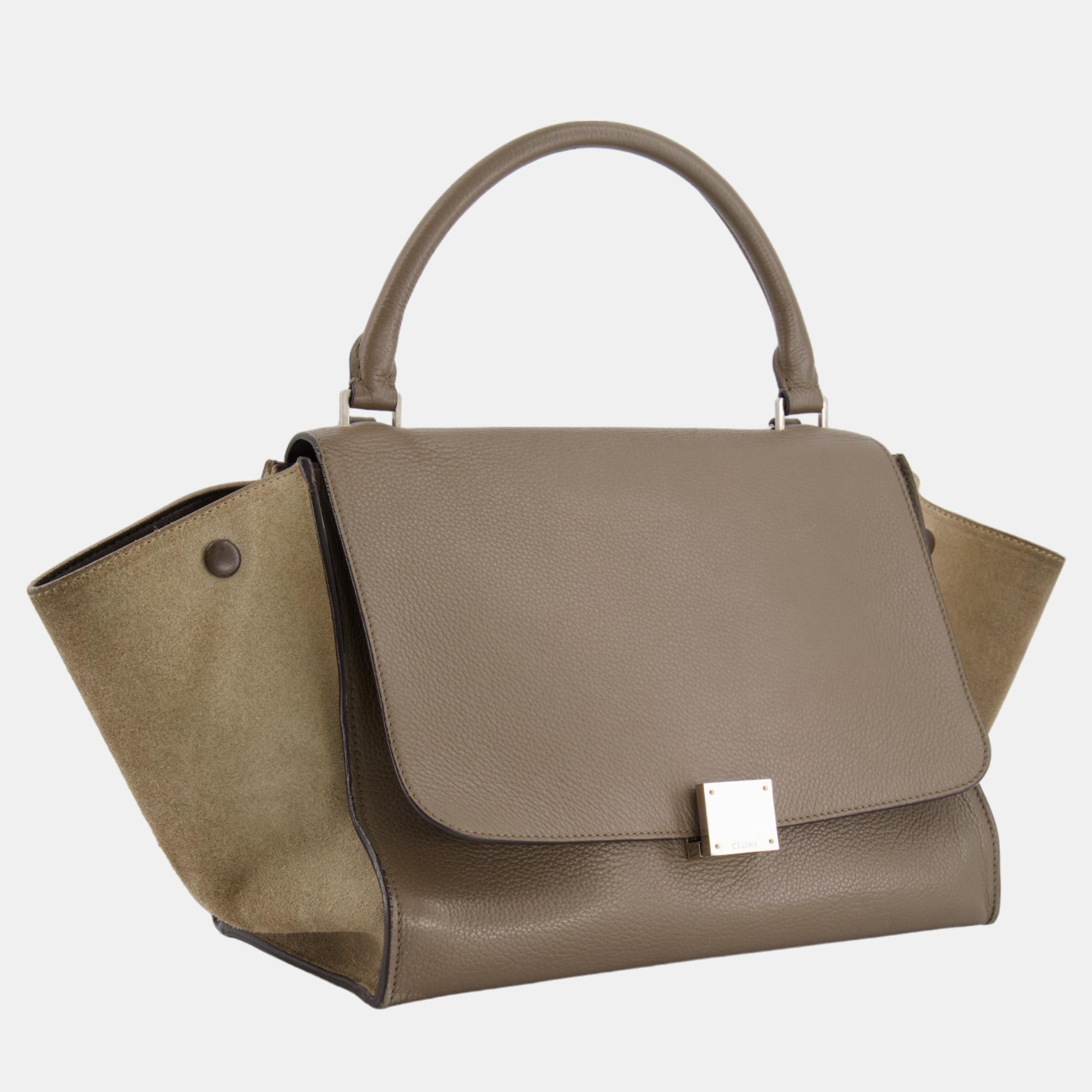 

Celine Khaki Leather and Suede Trapeze Handbag with Silver Hardware, Brown