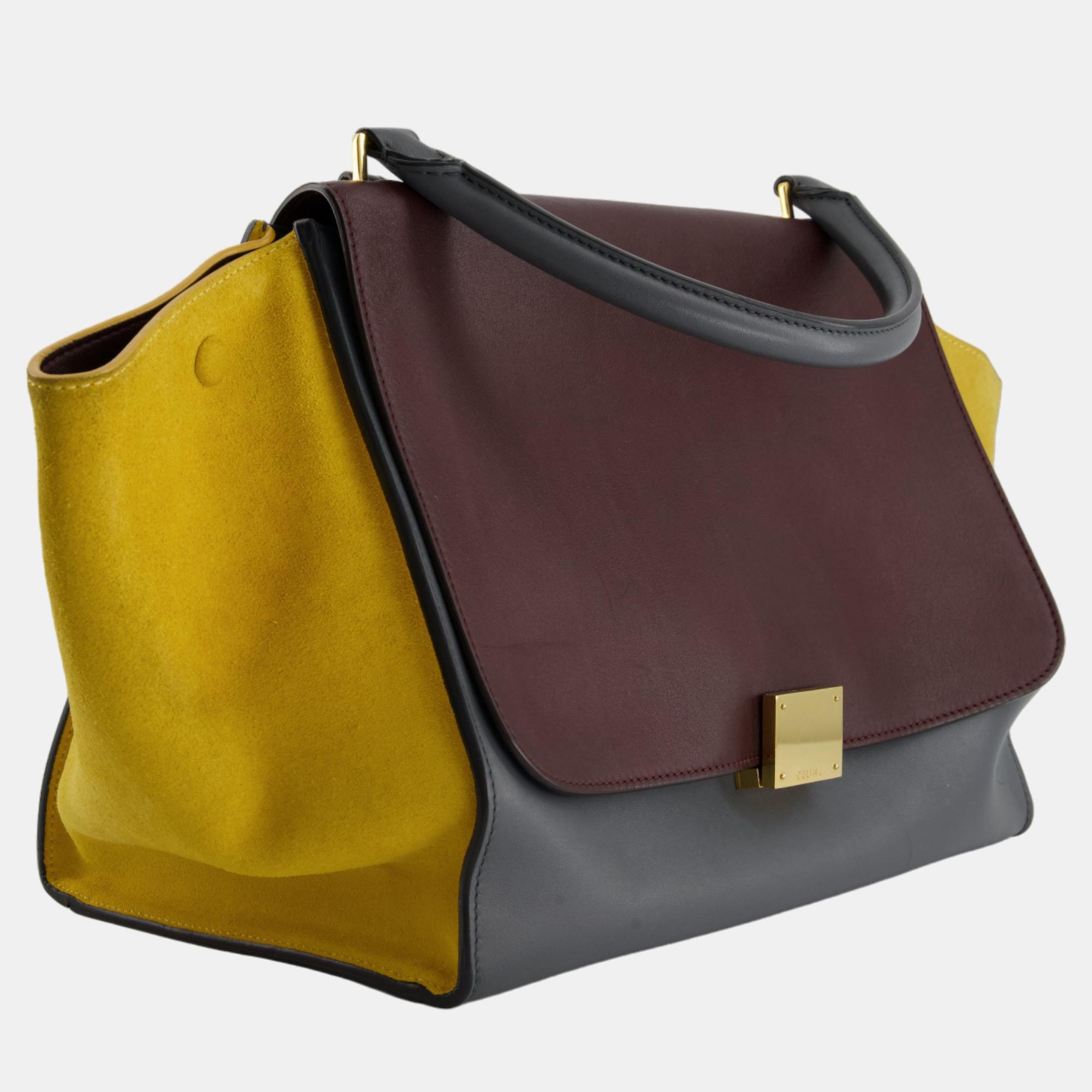 

Celine Grey, Burgundy and Mustard in Calfskin and Suede Leather Trapeze Hand Bag with Gold Hardware, Multicolor
