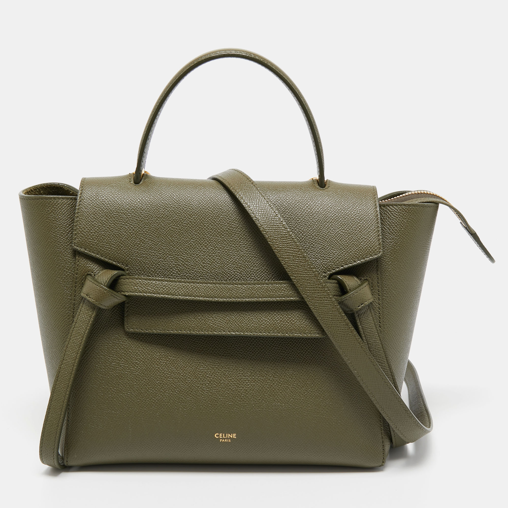 Pre Owned Celine Olive Green Leather Mini Belt Top Handle Bag
