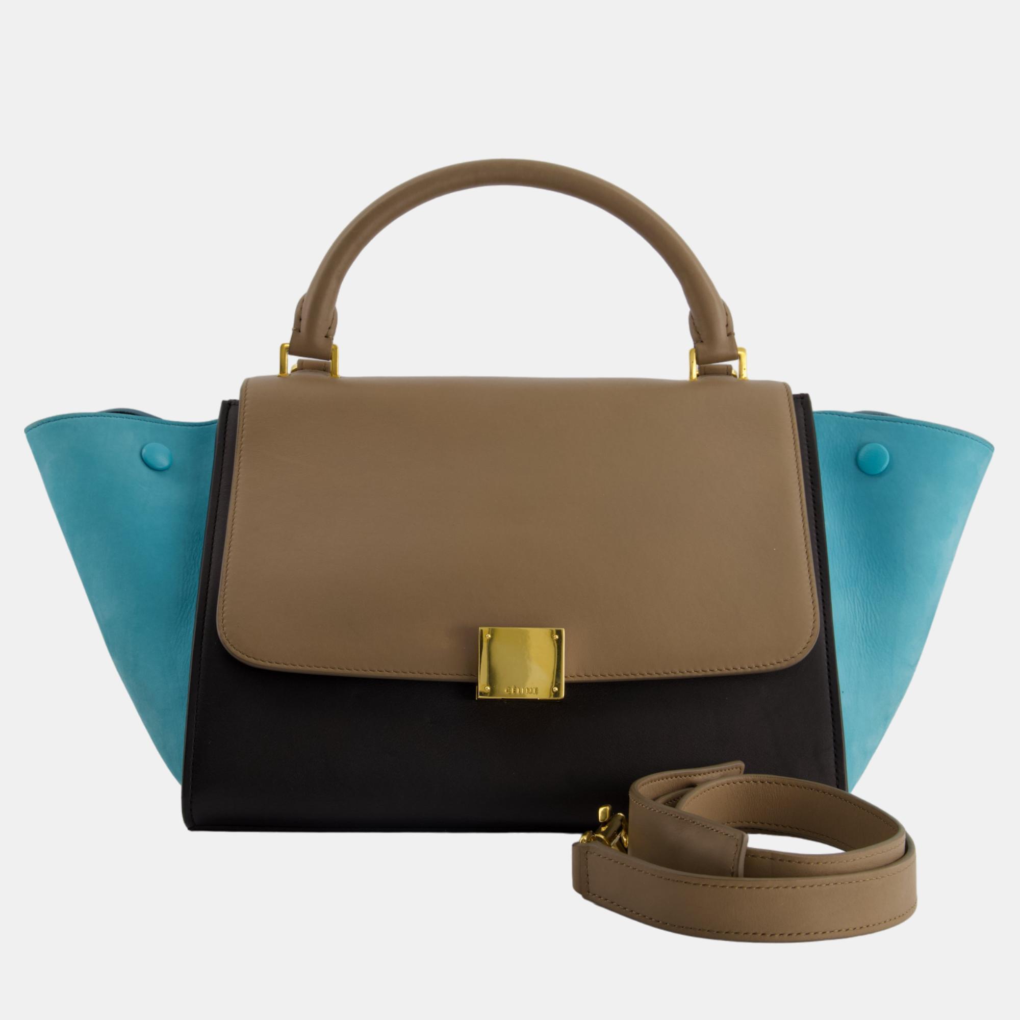 

Celine Black, Taupe and Turquoise Suede and Calfskin Trapeze Bag with Gold Hardware, Multicolor