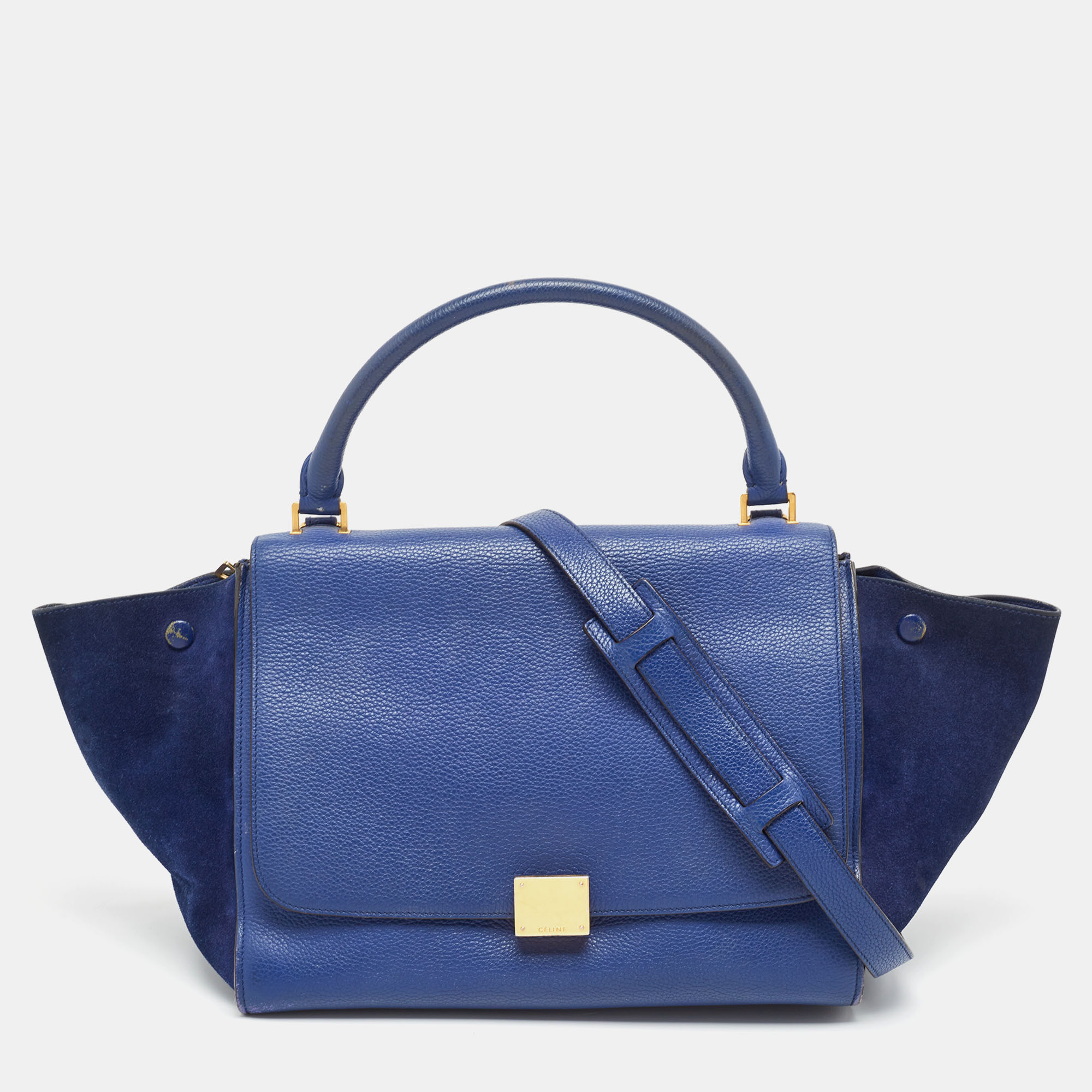 Pre-owned Celine Blue Leather And Suede Medium Trapeze Bag