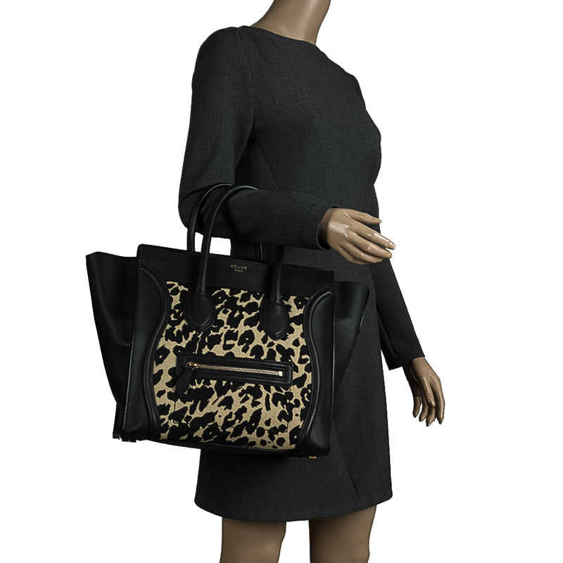 

Celine Black Leopard Print Canvas and Leather Mini Luggage Tote