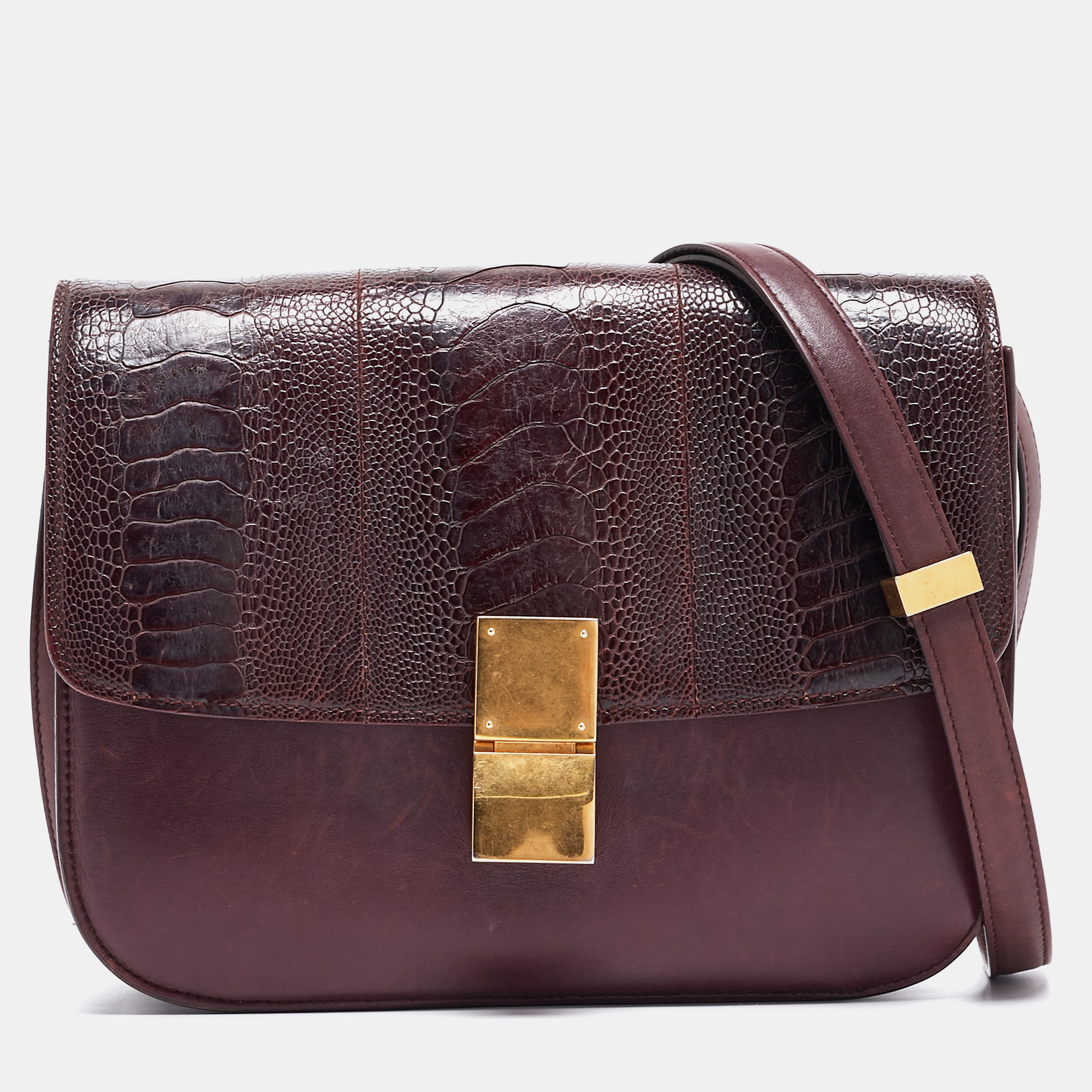 Pre Owned Celine Burgundy Leather and Ostrich Leg Medium Classic Box Shoulder Bag