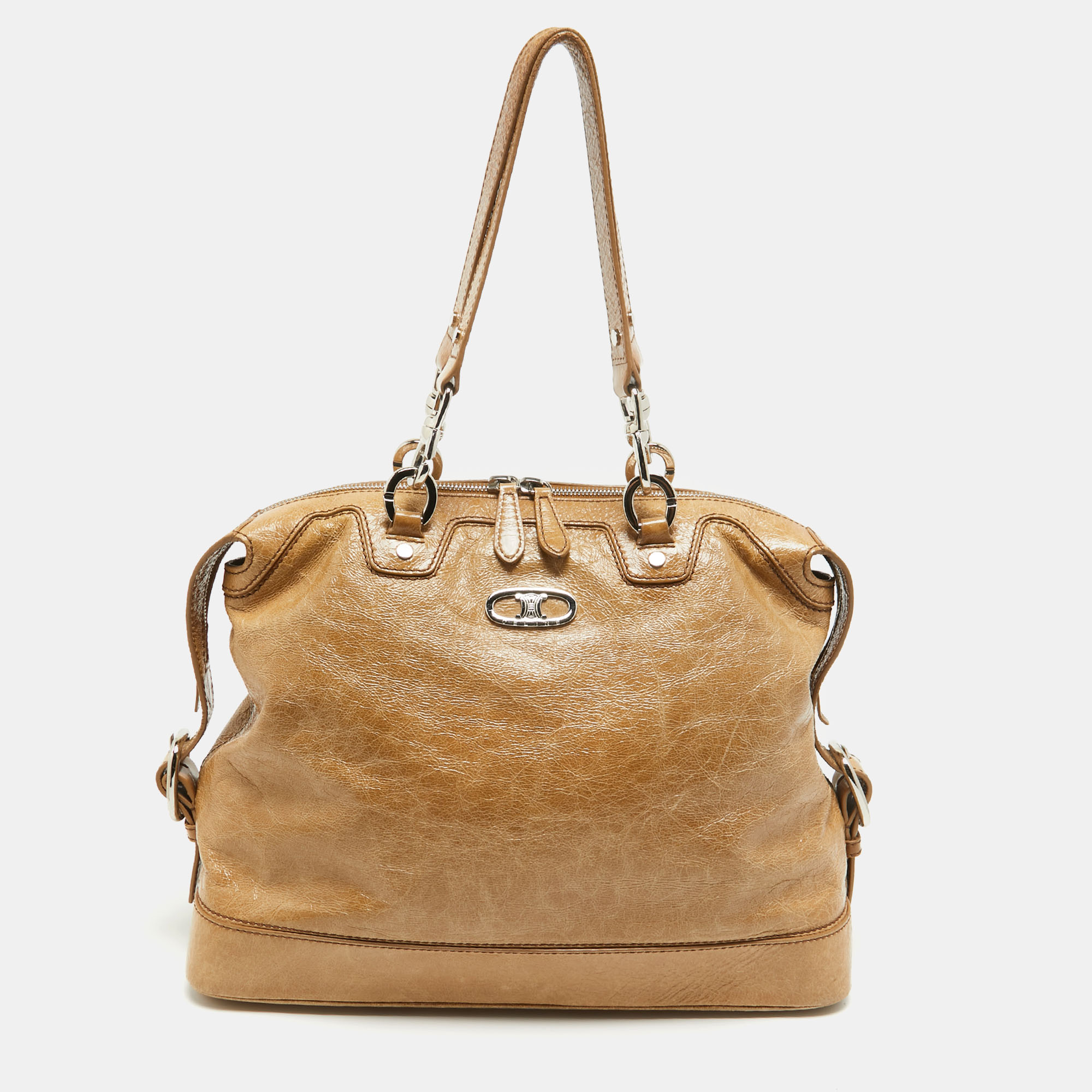 Pre-owned Celine Beige Crinkled Patent Leather Macadam Logo Bag