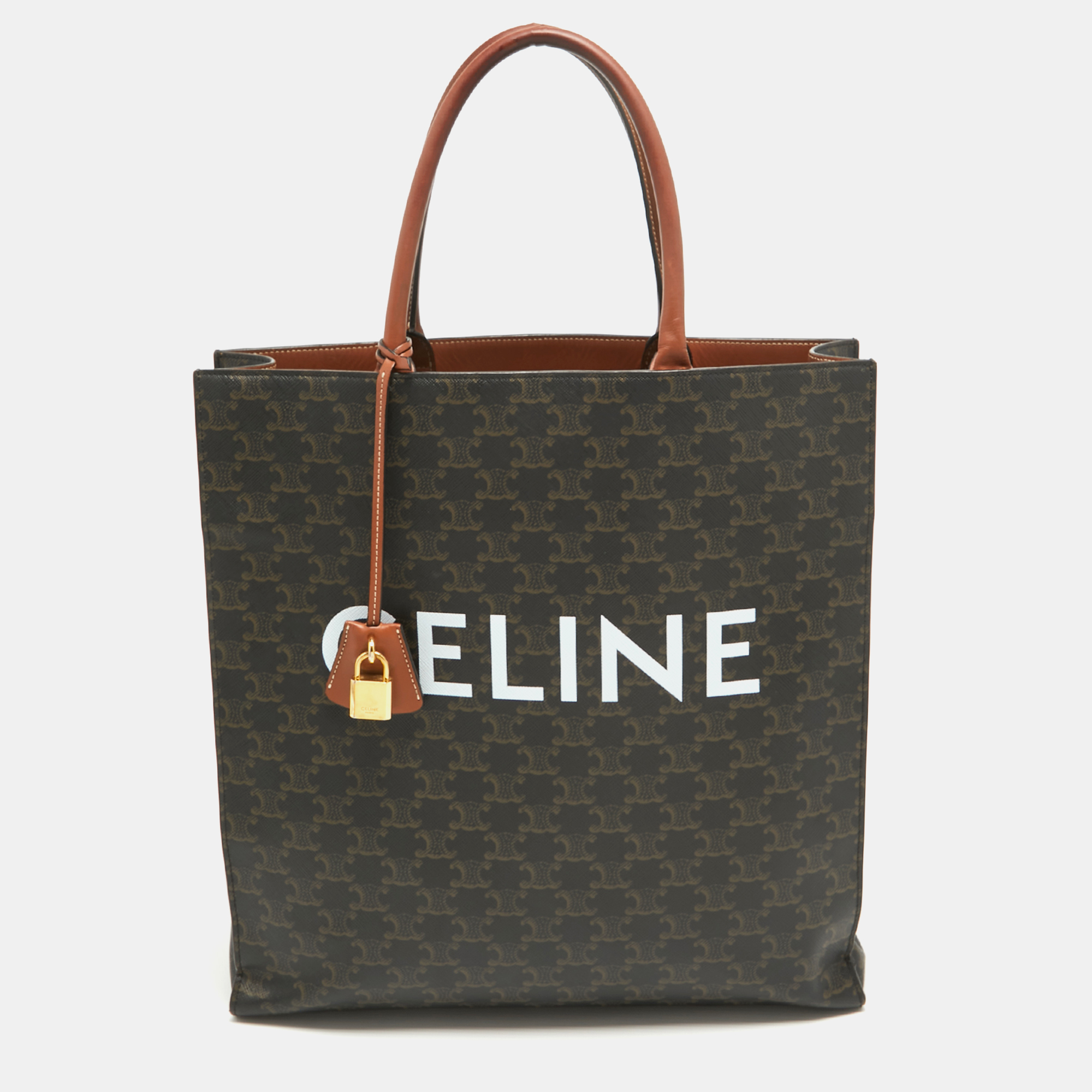 Pre-owned Celine Dark Brown Triomphe Coated Canvas And Leather Medium Vertical Cabas Tote