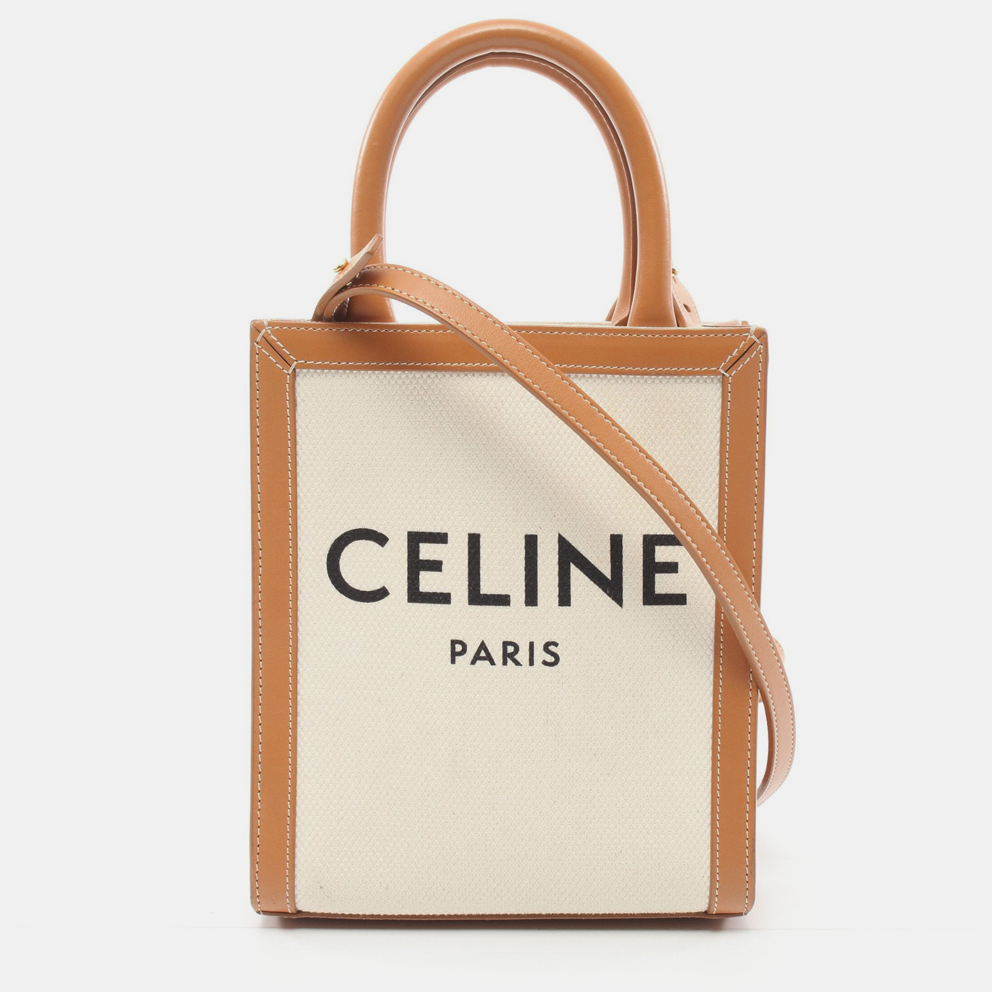 

Celine Mini Vertical Cabas Handbag Canvas Leather Ivory Light brown, Beige