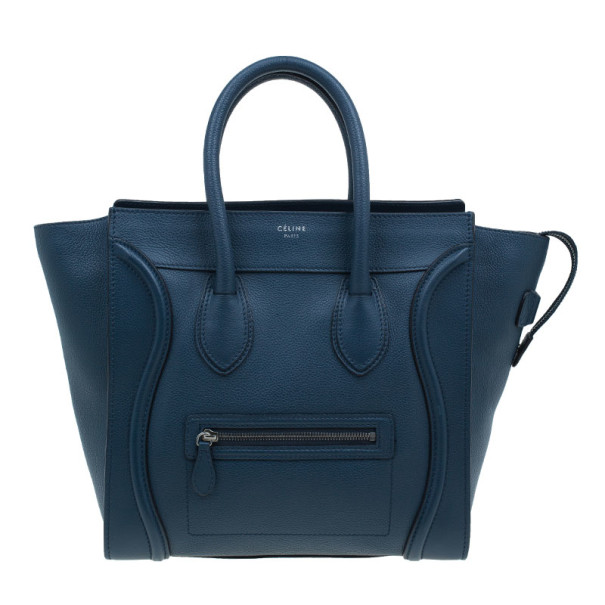Pre Owned Celine Navy Blue Pomelo Leather Mini Luggage Tote