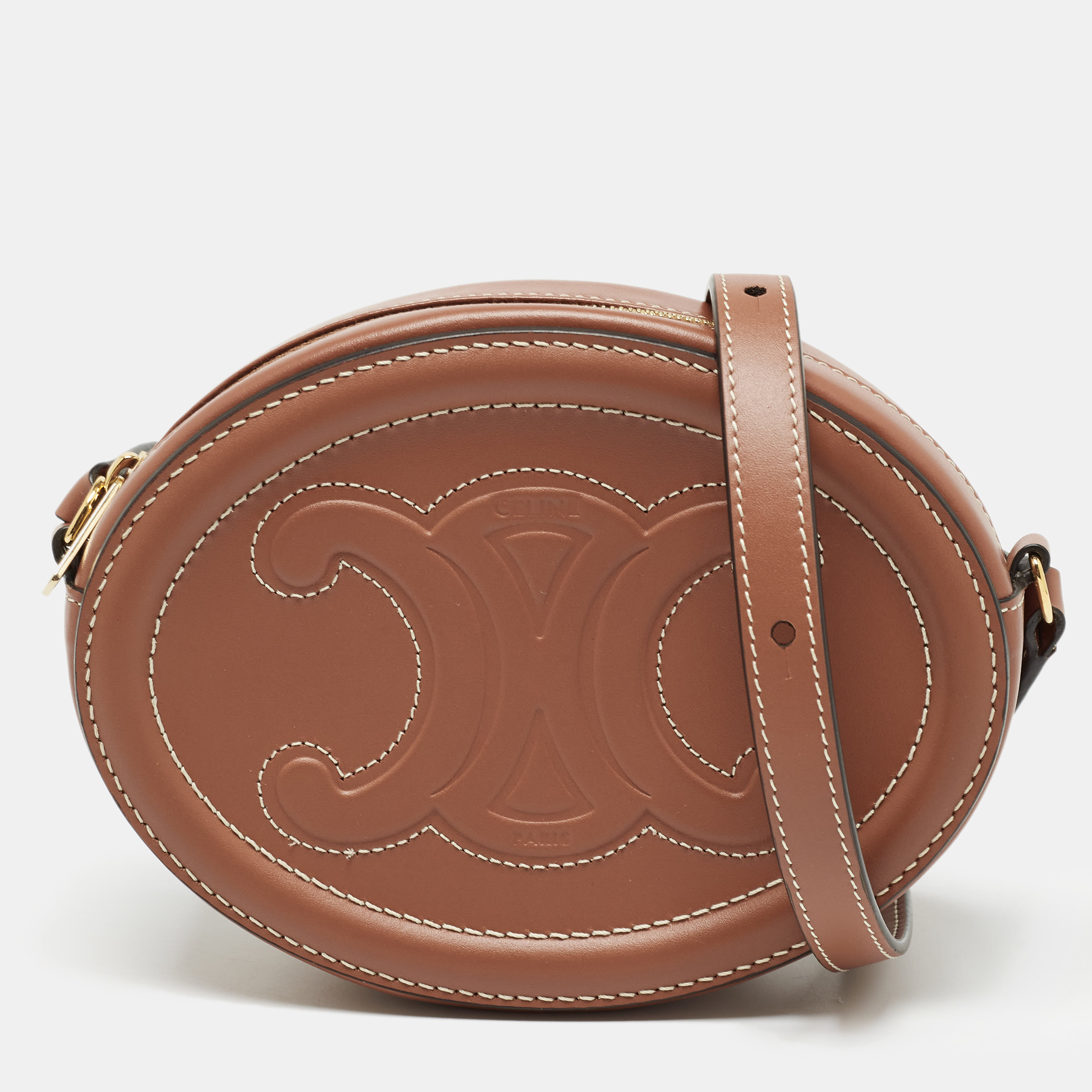 Pre-owned Celine Brown Leather Triomphe Oval Crossbody Bag