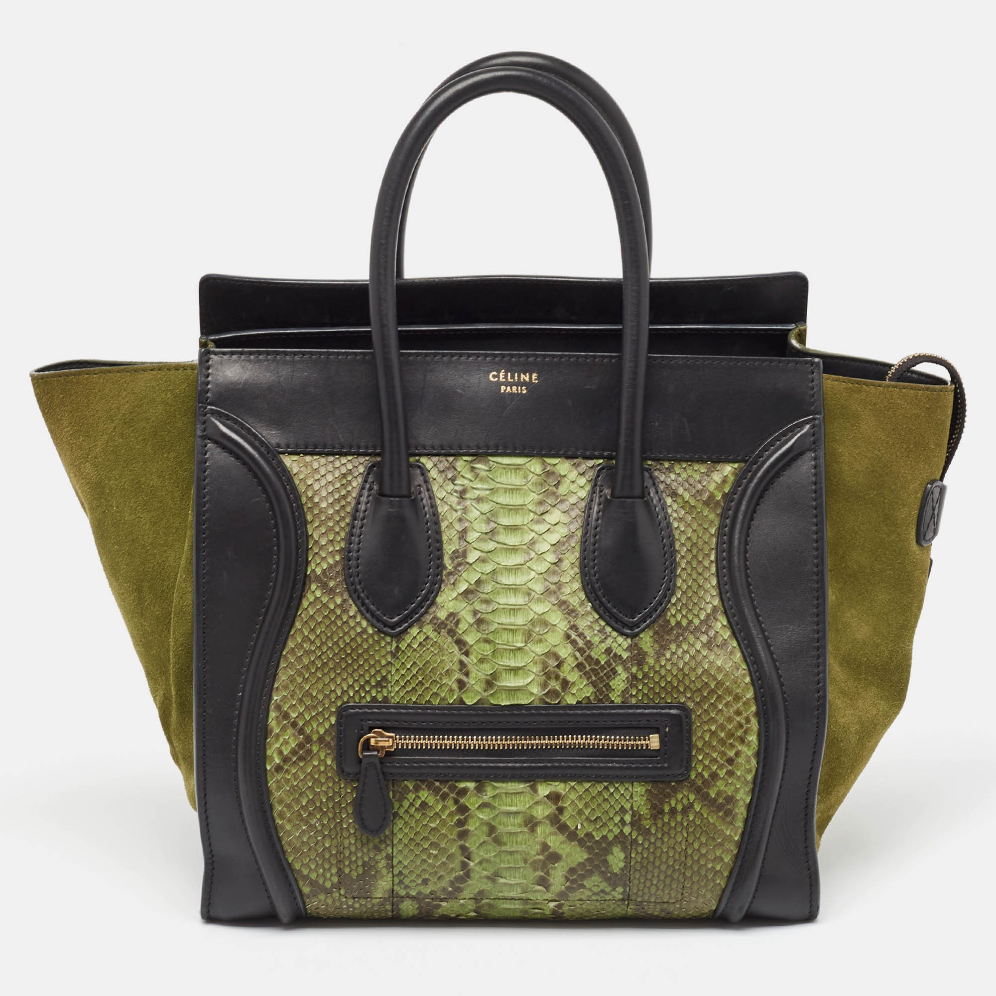 Celine Black/Green Python and Leather/Suede Mini Luggage Tote