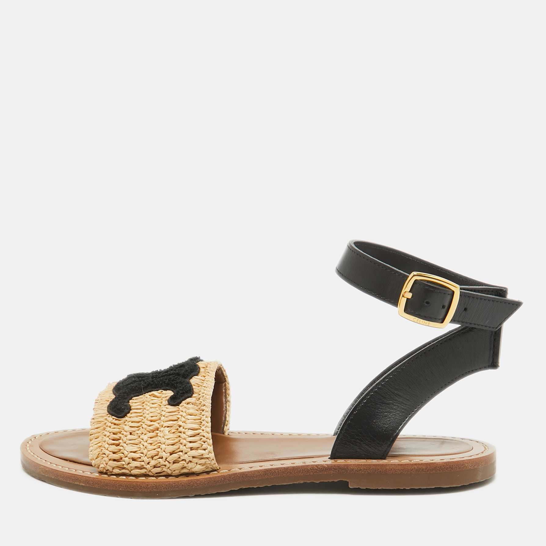 

Celine Beige/Black Leather and Raffia Ankle Strap Flat Sandals Size