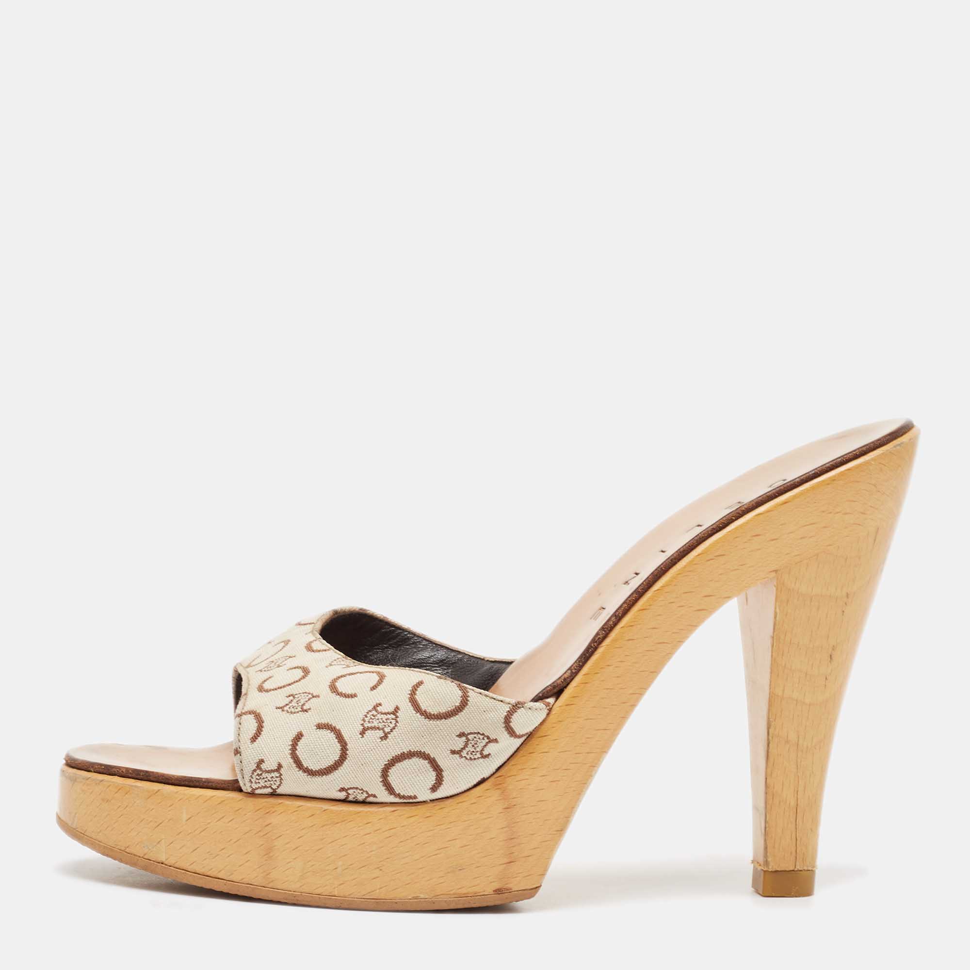 

Celine Beige/Brown Logo Print Canvas Platform Slide Sandals Size