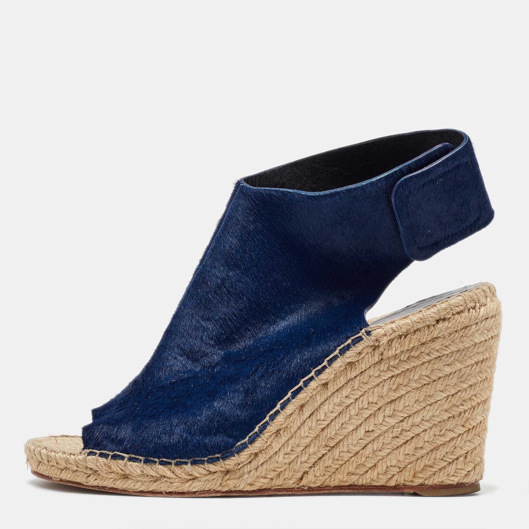 

Celine Blue Calf Hair Open Toe Espadrille Wedge Sandals Size