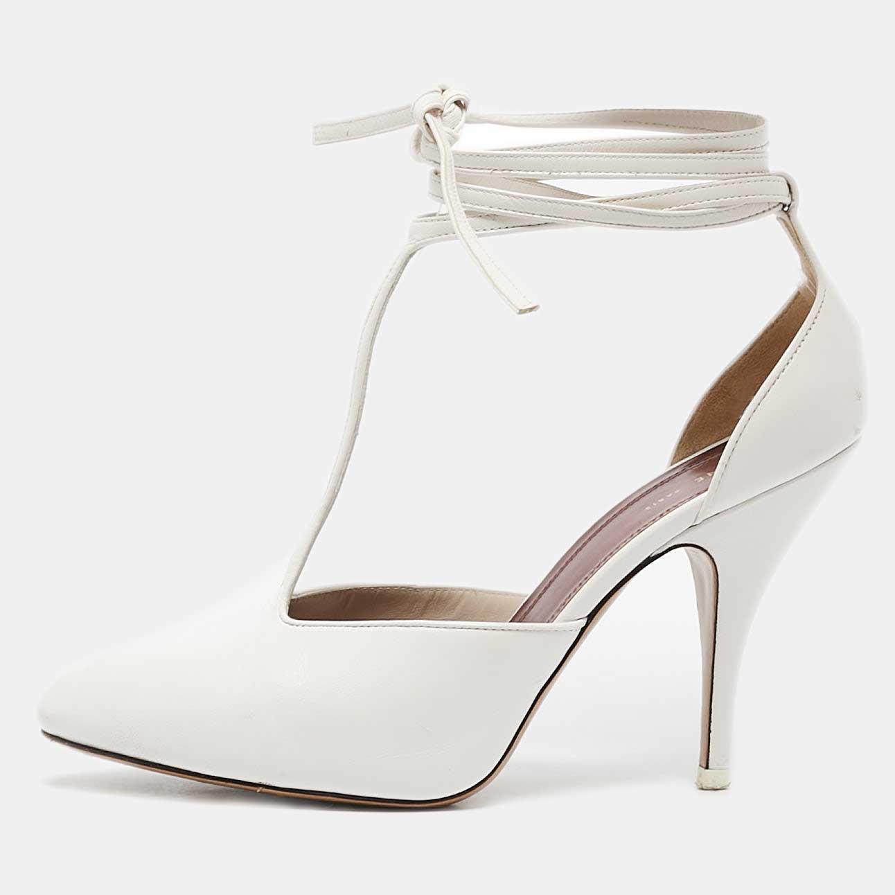 

Celine White Leather Night Out T-Strap Ankle Wrap Pumps Size