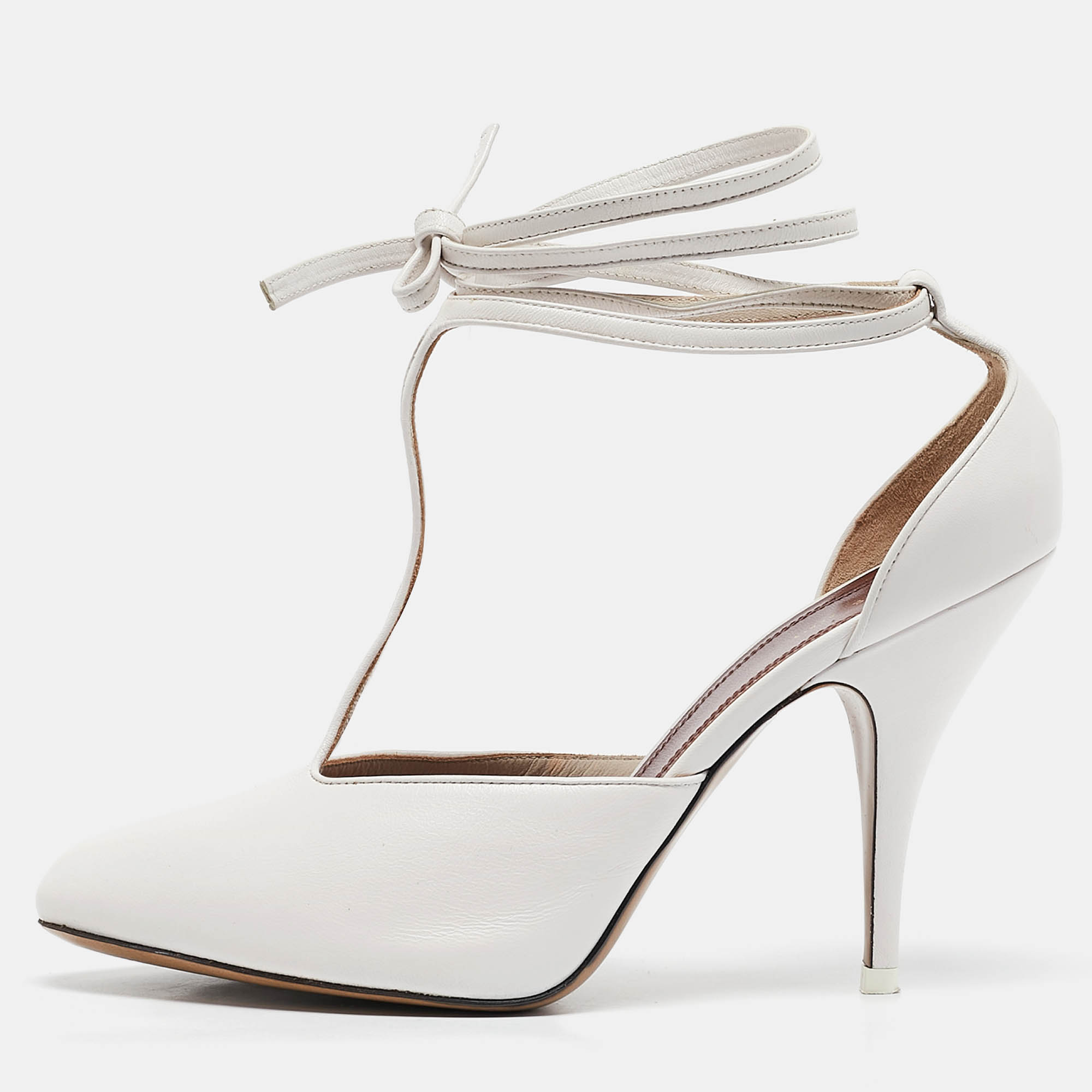 

Celine White Leather Night Out T-Strap Ankle Wrap Sandals Size