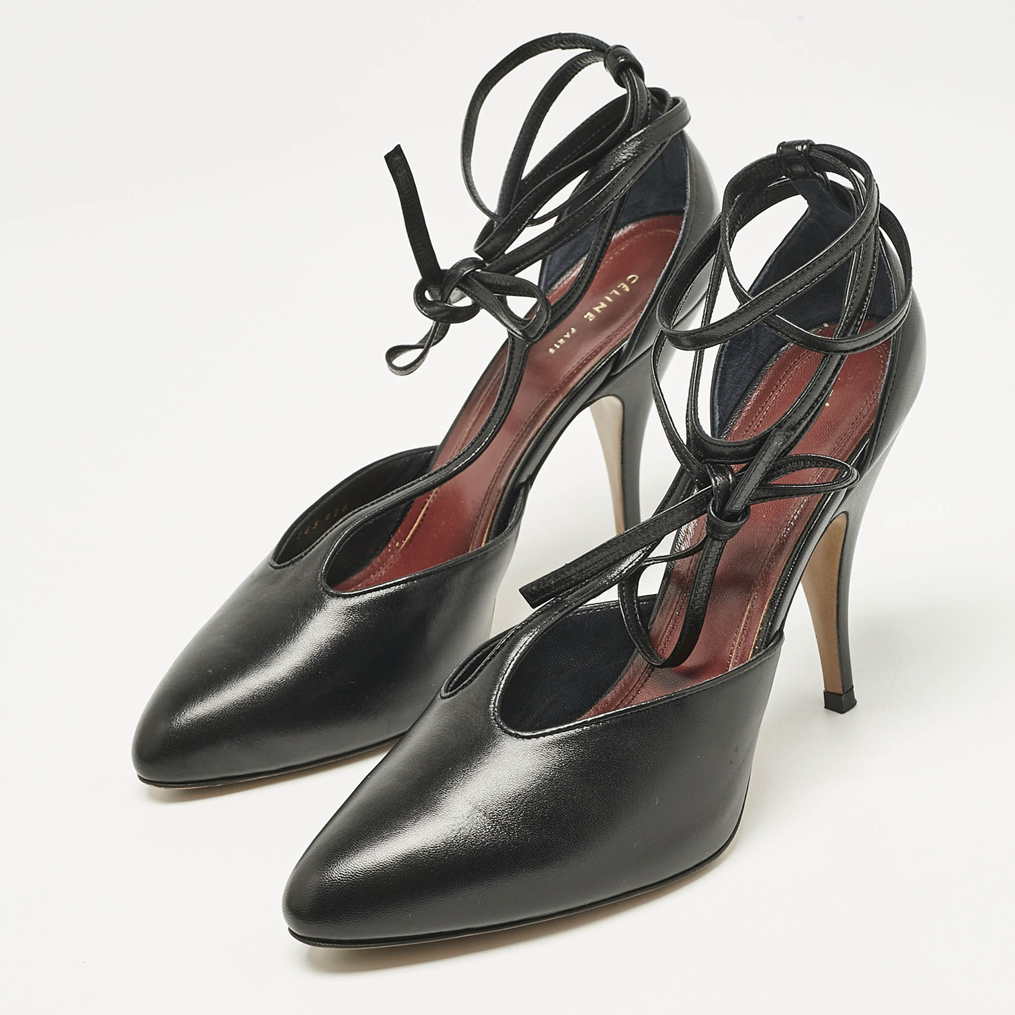 Celine Black Leather Ankle Wrap Pumps Size 37.5 